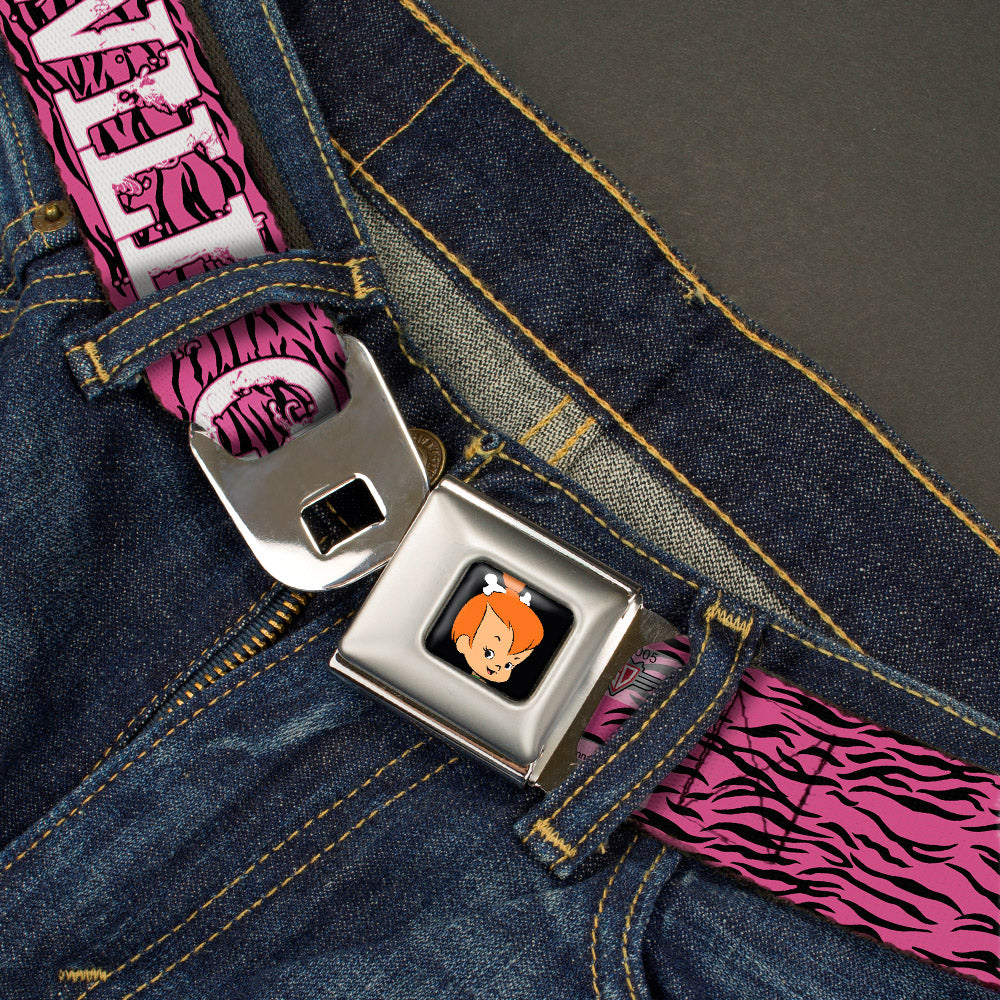 Pebbles Face1 Full Color Black Seatbelt Belt - Pebbles Face/Pose WILD CHILD Pink/Black/White Webbing Seatbelt Belts The Flintstones