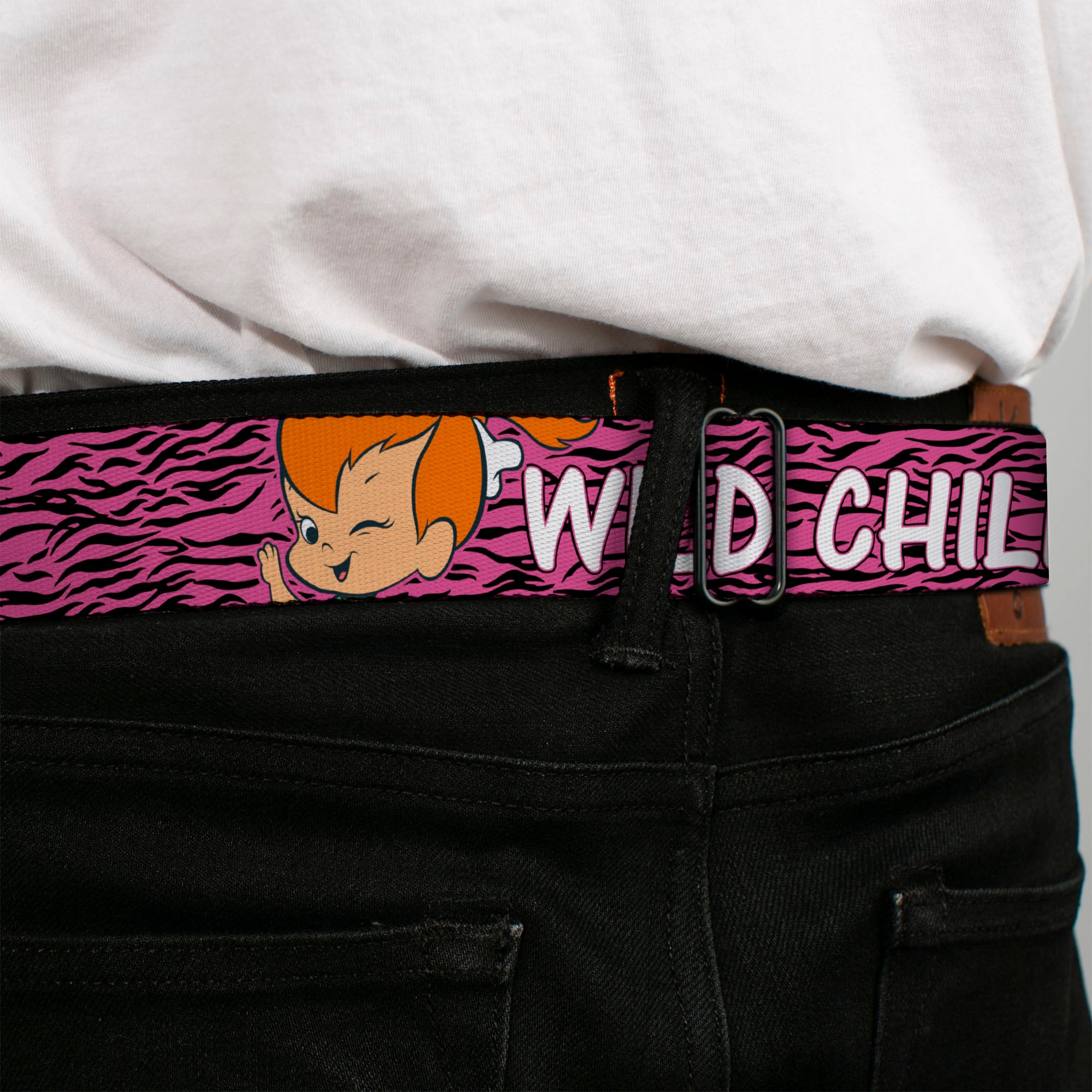 Pebbles Face1 Full Color Black Seatbelt Belt - Pebbles Face/Pose WILD CHILD Pink/Black/White Webbing Seatbelt Belts The Flintstones