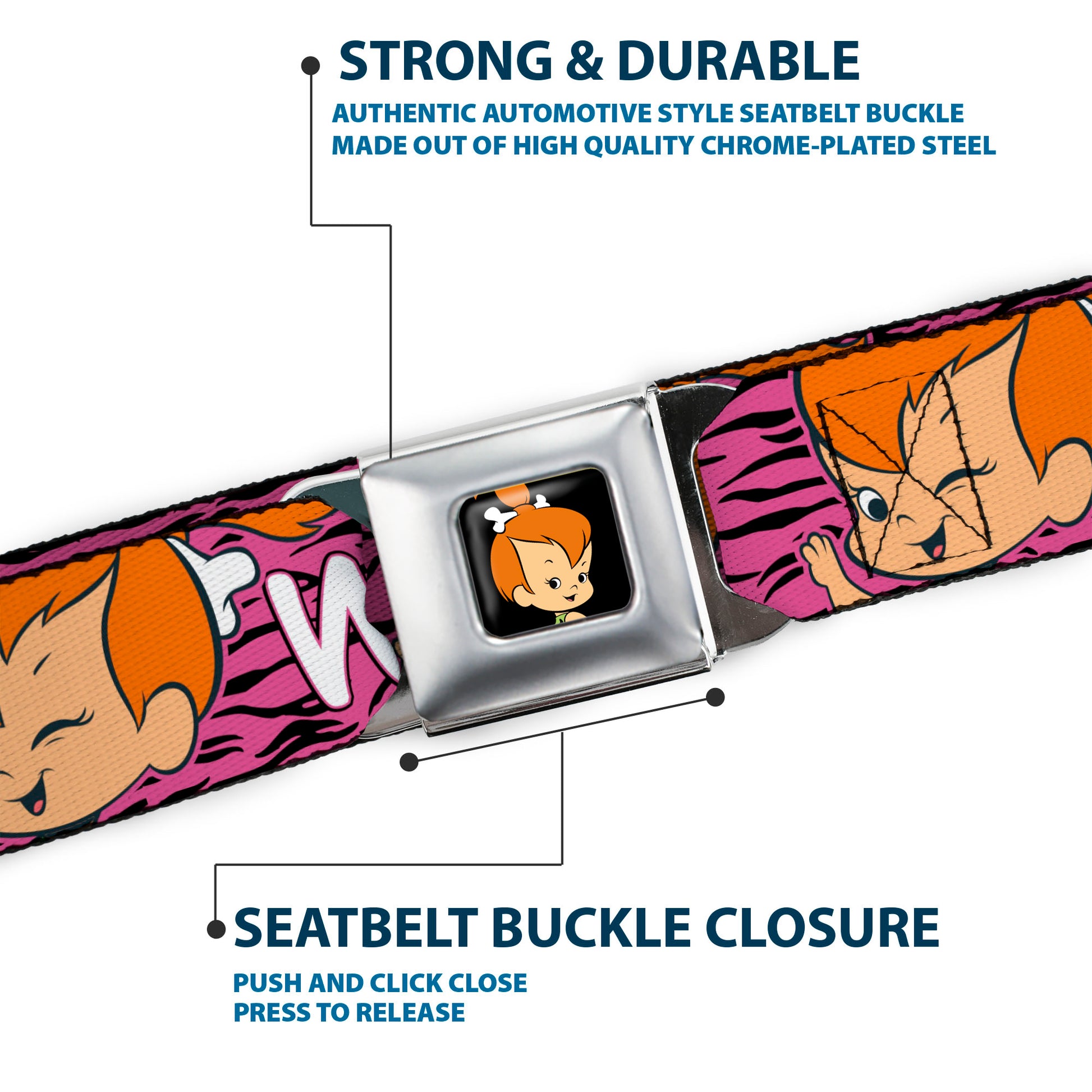 Pebbles Face1 Full Color Black Seatbelt Belt - Pebbles Face/Pose WILD CHILD Pink/Black/White Webbing Seatbelt Belts The Flintstones