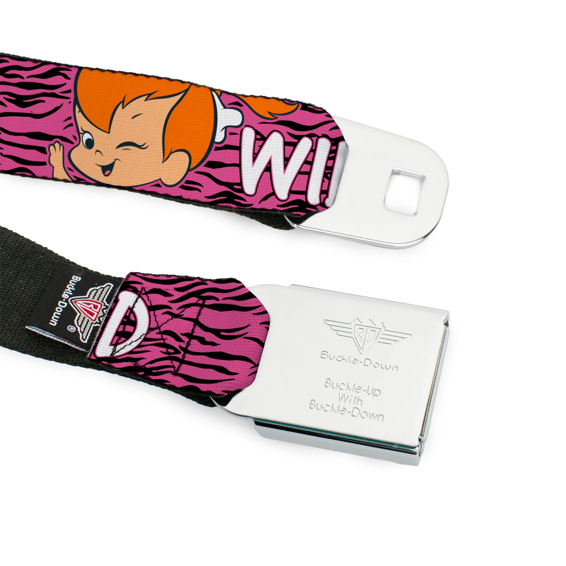 Pebbles Face1 Full Color Black Seatbelt Belt - Pebbles Face/Pose WILD CHILD Pink/Black/White Webbing Seatbelt Belts The Flintstones