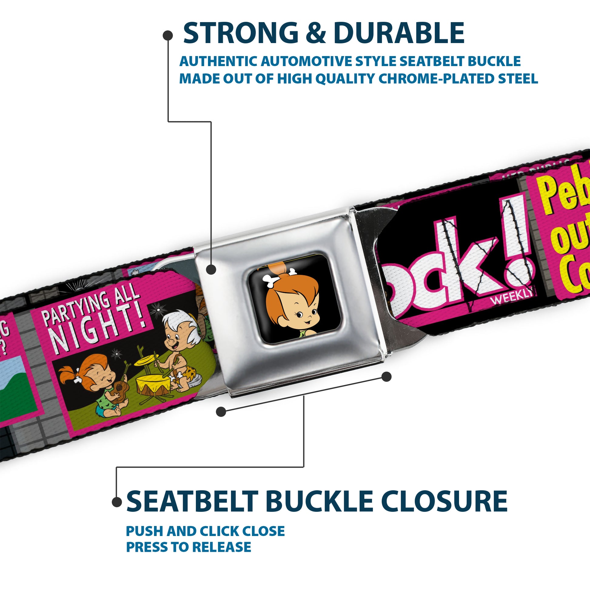 Pebbles Face1 Full Color Black Seatbelt Belt - The Flintstones Tabloid - ROCK! PEBBLES OUT OF CONTROL Webbing Seatbelt Belts The Flintstones