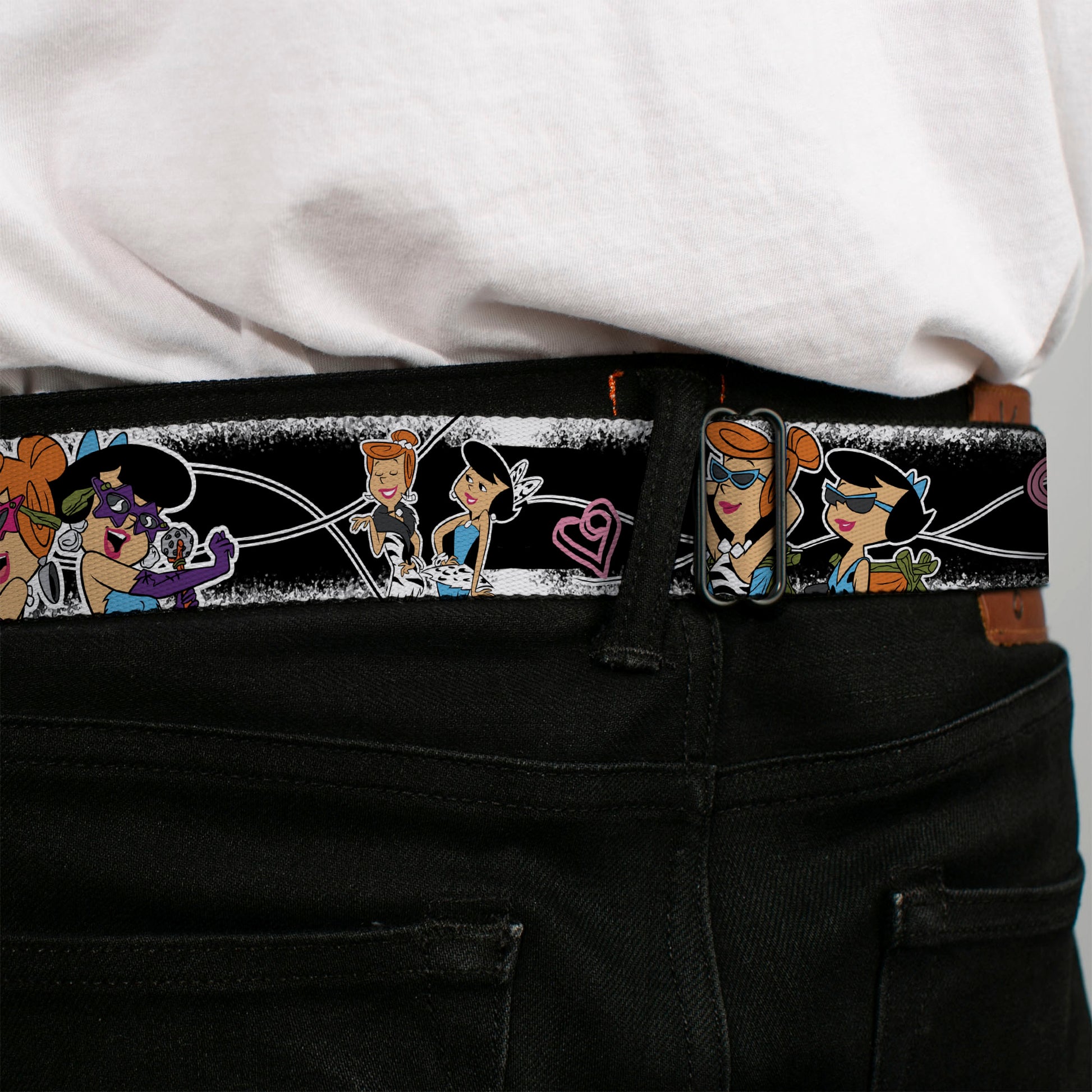 Wilma & Betty Full Color Black Seatbelt Belt - Wilma & Betty Glam Poses BEDROCK BABES Black/Pink Webbing Seatbelt Belts The Flintstones