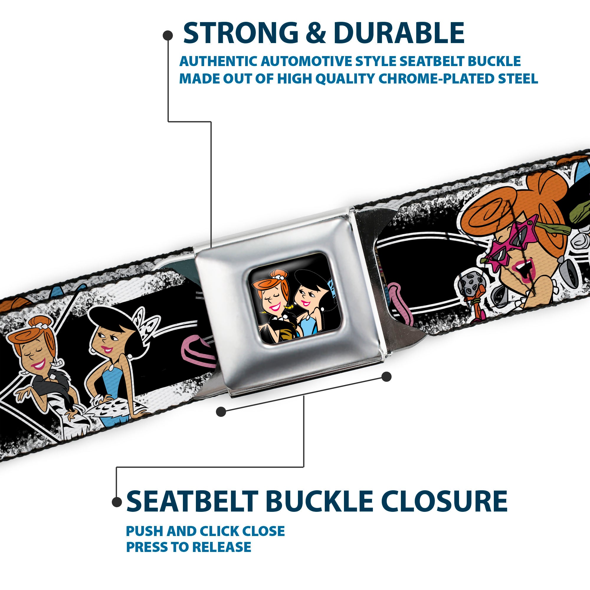 Wilma & Betty Full Color Black Seatbelt Belt - Wilma & Betty Glam Poses BEDROCK BABES Black/Pink Webbing Seatbelt Belts The Flintstones