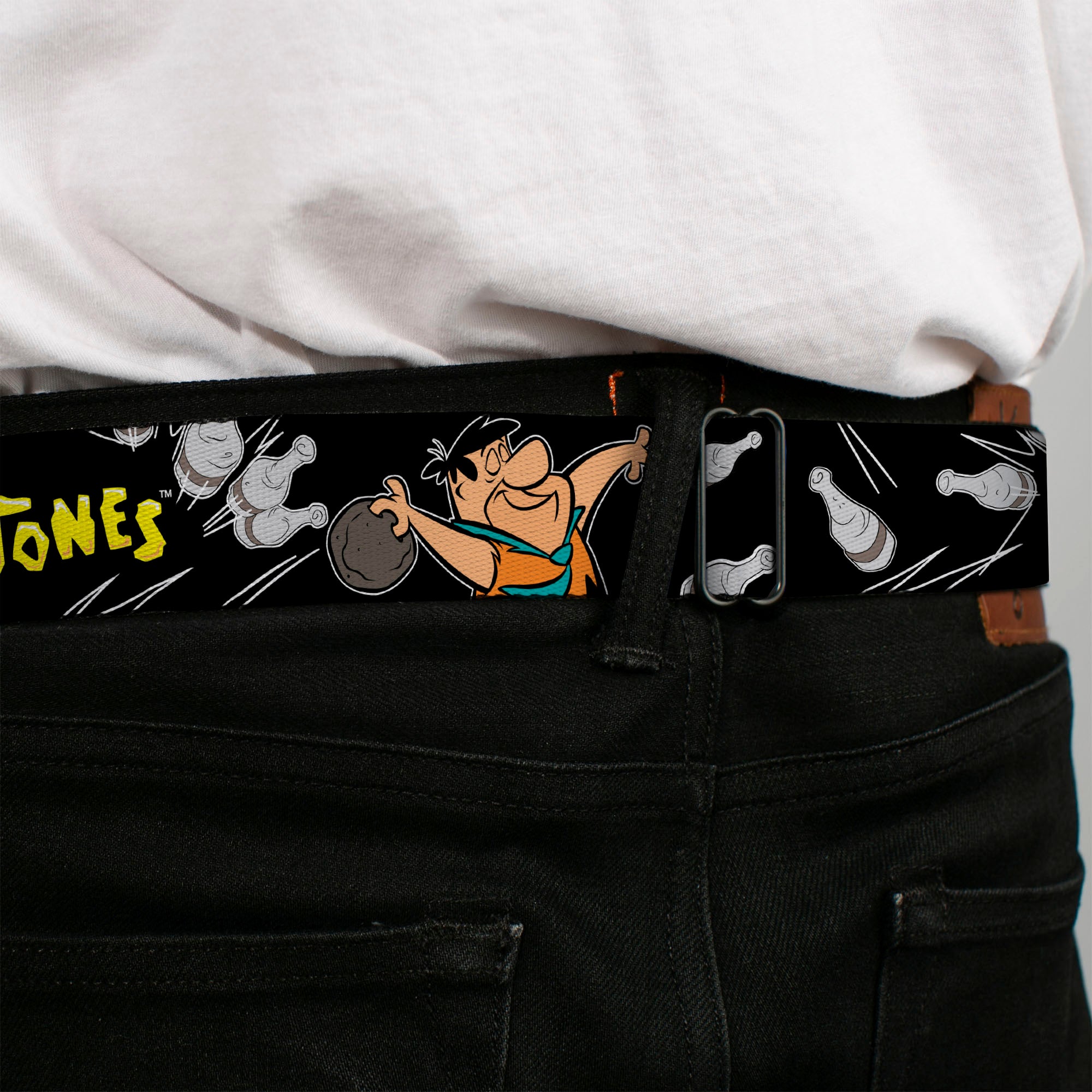 Fred Face Full Color Black Seatbelt Belt - THE FLINTSTONES Fred Bowling Poses/Bowling Pins Black Webbing Seatbelt Belts The Flintstones