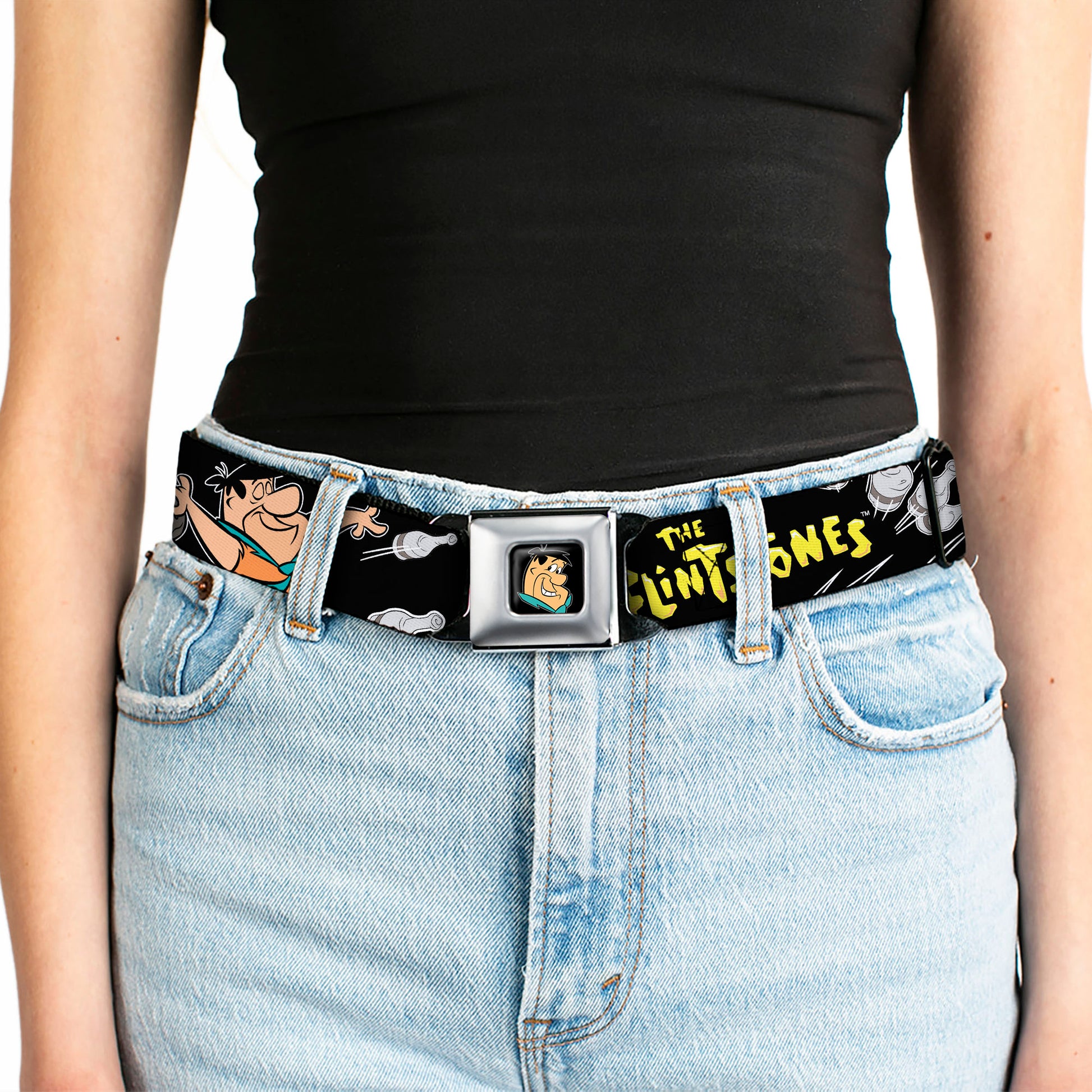 Fred Face Full Color Black Seatbelt Belt - THE FLINTSTONES Fred Bowling Poses/Bowling Pins Black Webbing Seatbelt Belts The Flintstones