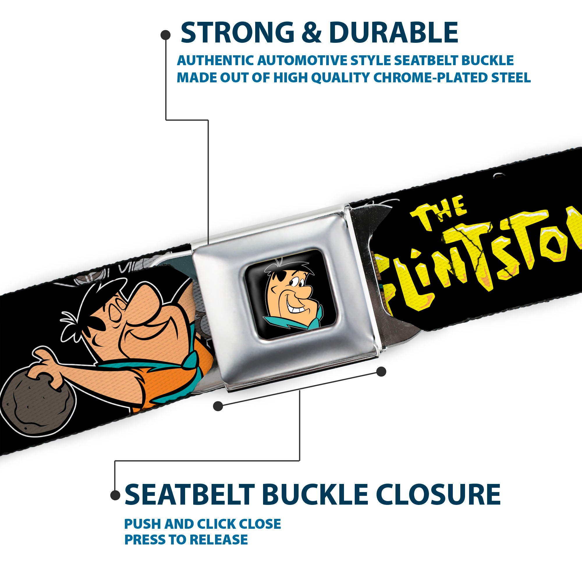 Fred Face Full Color Black Seatbelt Belt - THE FLINTSTONES Fred Bowling Poses/Bowling Pins Black Webbing Seatbelt Belts The Flintstones
