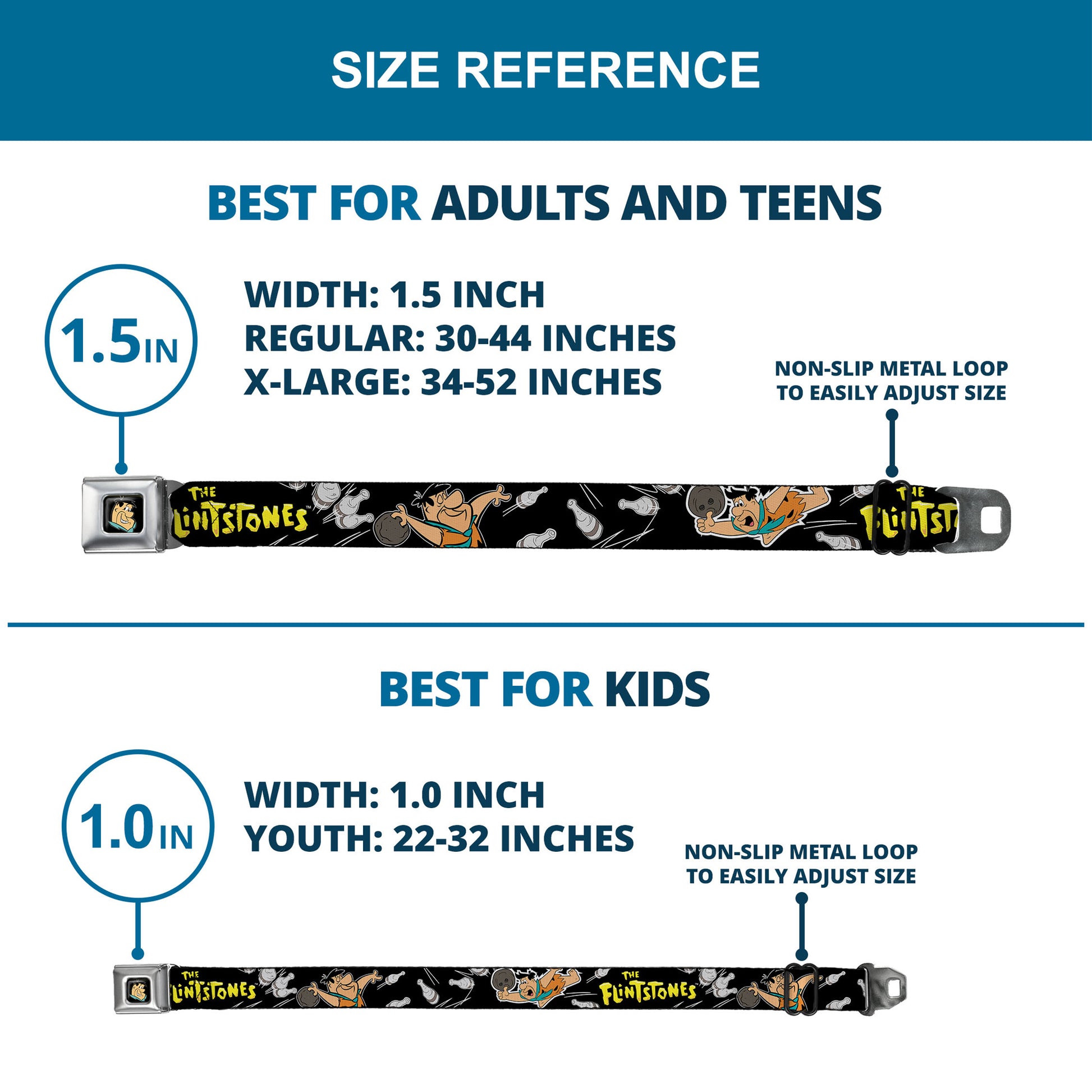 Fred Face Full Color Black Seatbelt Belt - THE FLINTSTONES Fred Bowling Poses/Bowling Pins Black Webbing Seatbelt Belts The Flintstones