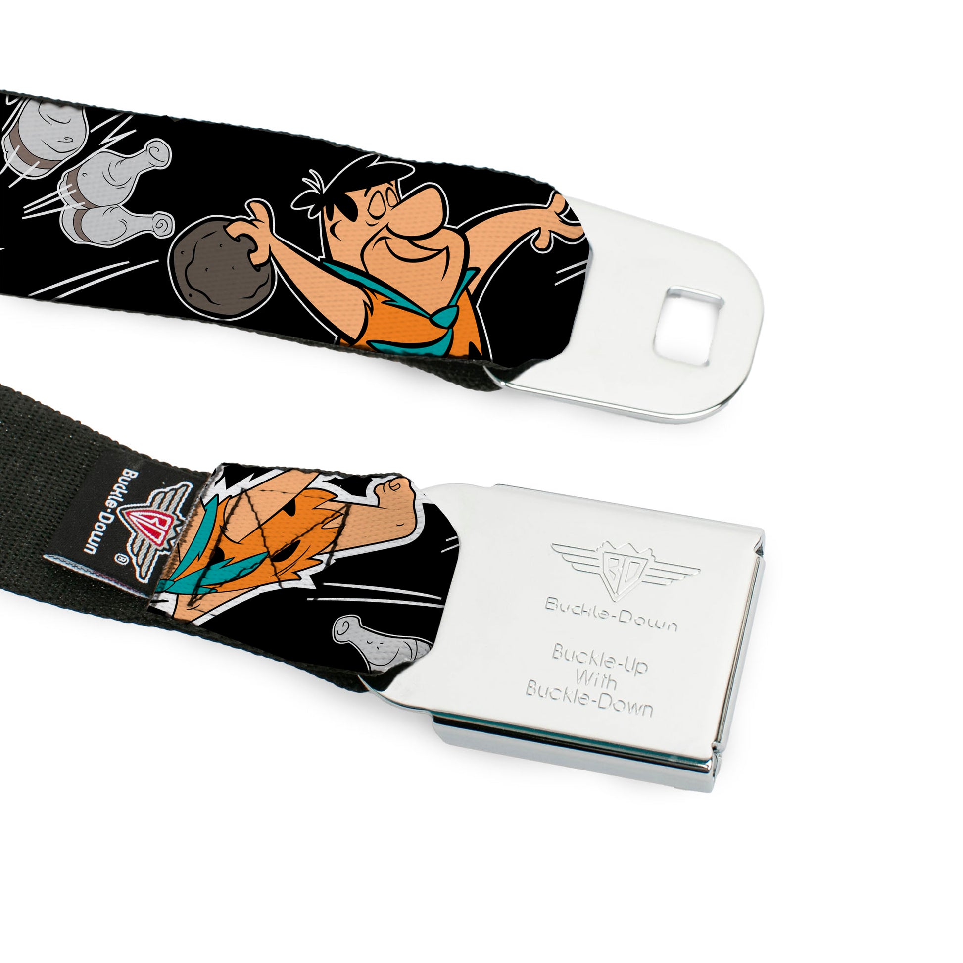 Fred Face Full Color Black Seatbelt Belt - THE FLINTSTONES Fred Bowling Poses/Bowling Pins Black Webbing Seatbelt Belts The Flintstones