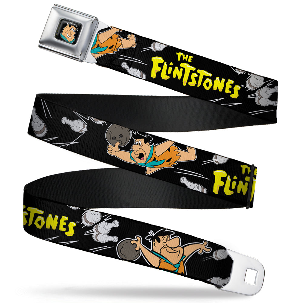 Fred Face Full Color Black Seatbelt Belt - THE FLINTSTONES Fred Bowling Poses/Bowling Pins Black Webbing Seatbelt Belts The Flintstones