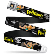Fred Face Full Color Black Seatbelt Belt - THE FLINTSTONES Fred Bowling Poses/Bowling Pins Black Webbing Seatbelt Belts The Flintstones