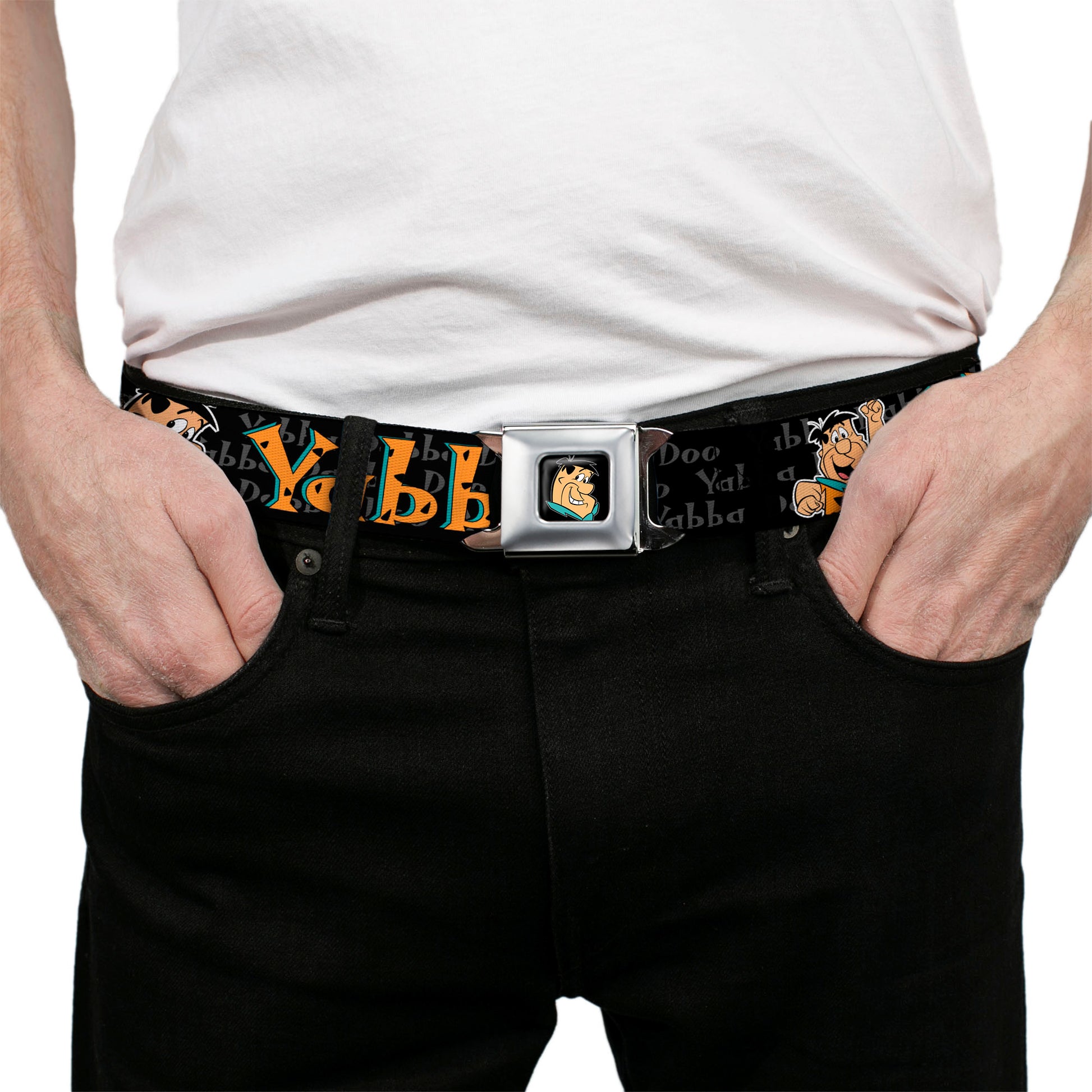 Fred Face Full Color Black Seatbelt Belt - Fred Face/Pose YABBA DABBA DOO Black/Gray/Orange Webbing Seatbelt Belts The Flintstones