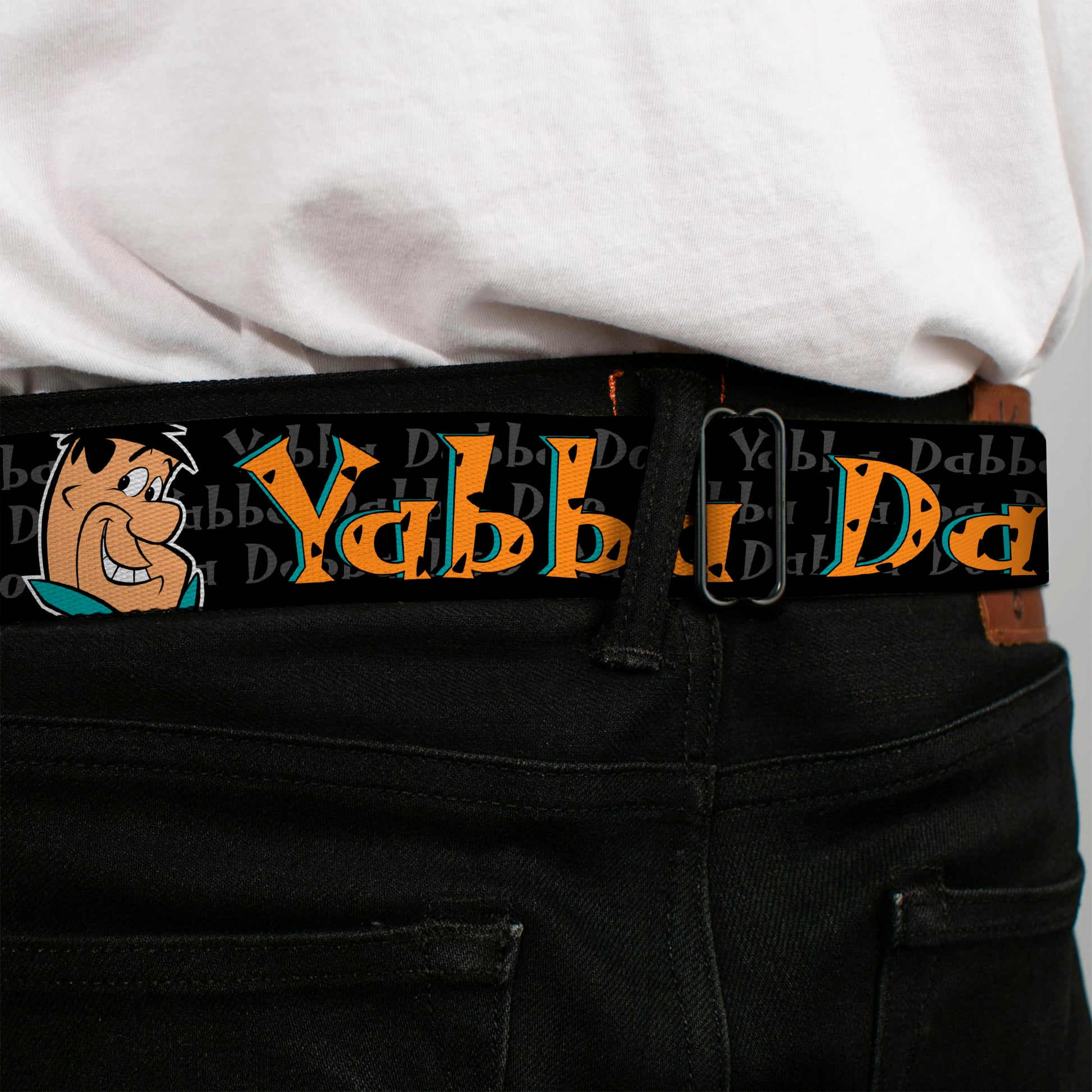 Fred Face Full Color Black Seatbelt Belt - Fred Face/Pose YABBA DABBA DOO Black/Gray/Orange Webbing Seatbelt Belts The Flintstones