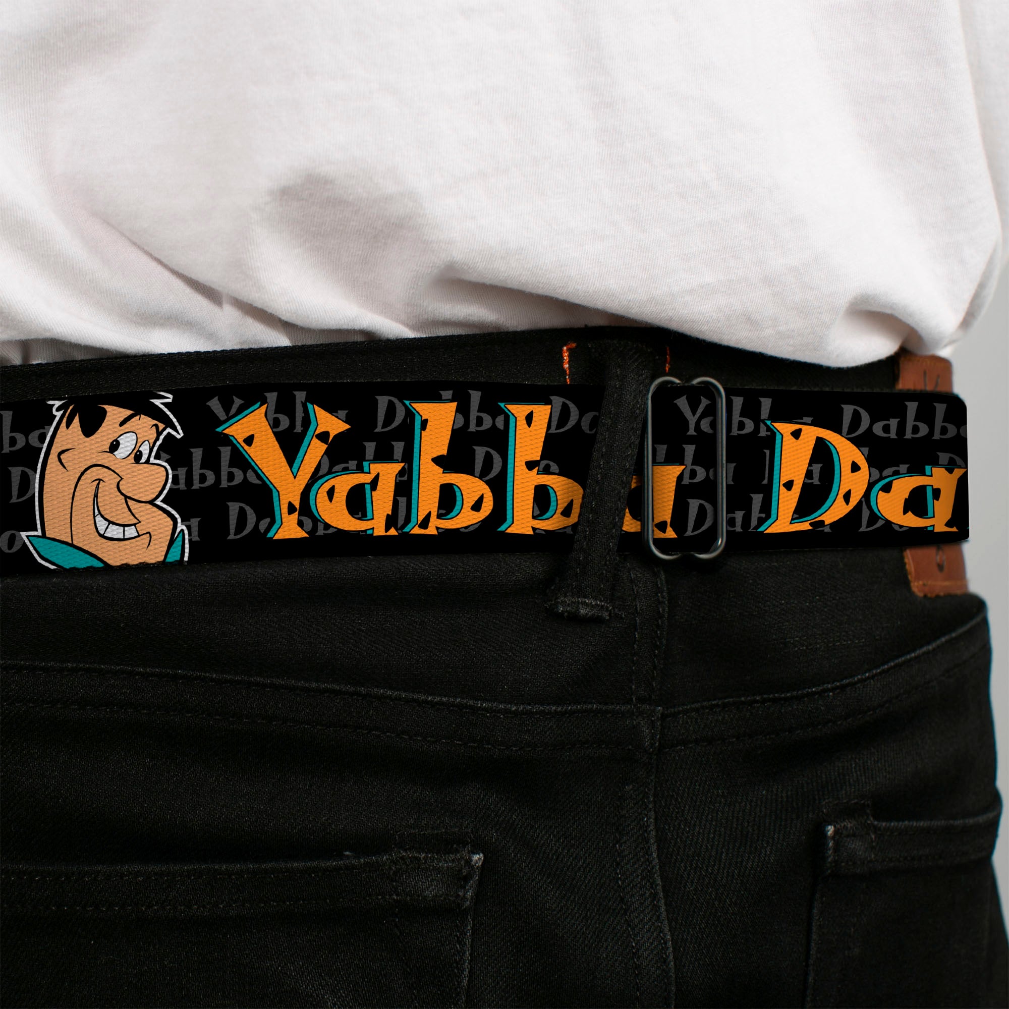 Fred Face Full Color Black Seatbelt Belt - Fred Face/Pose YABBA DABBA DOO Black/Gray/Orange Webbing Seatbelt Belts The Flintstones