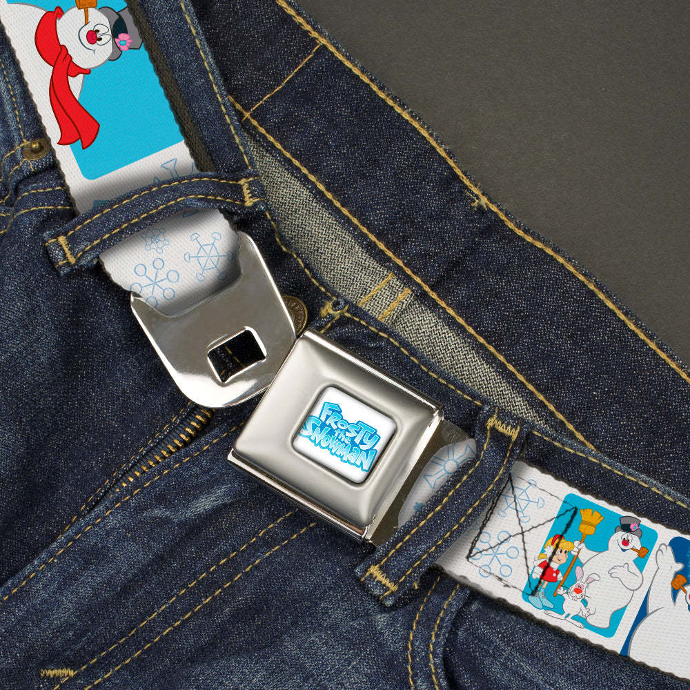 FROSTY THE SNOWMAN Logo Full Color White/Blues Seatbelt Belt - Frosty the Snowman Pose Blocks and Snowflakes White/Blue Webbing Seatbelt Belts Frosty the Snowman