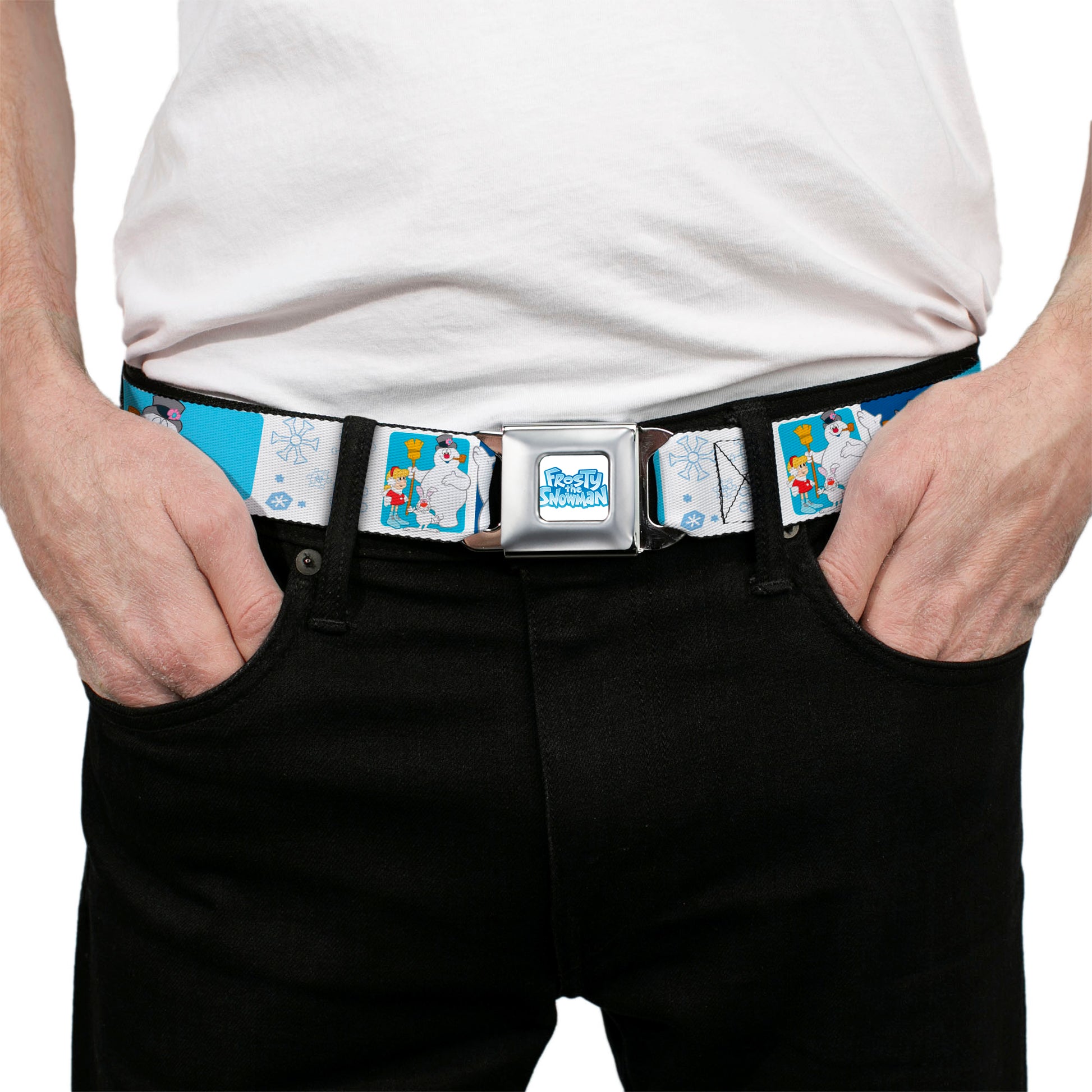 FROSTY THE SNOWMAN Logo Full Color White/Blues Seatbelt Belt - Frosty the Snowman Pose Blocks and Snowflakes White/Blue Webbing Seatbelt Belts Frosty the Snowman