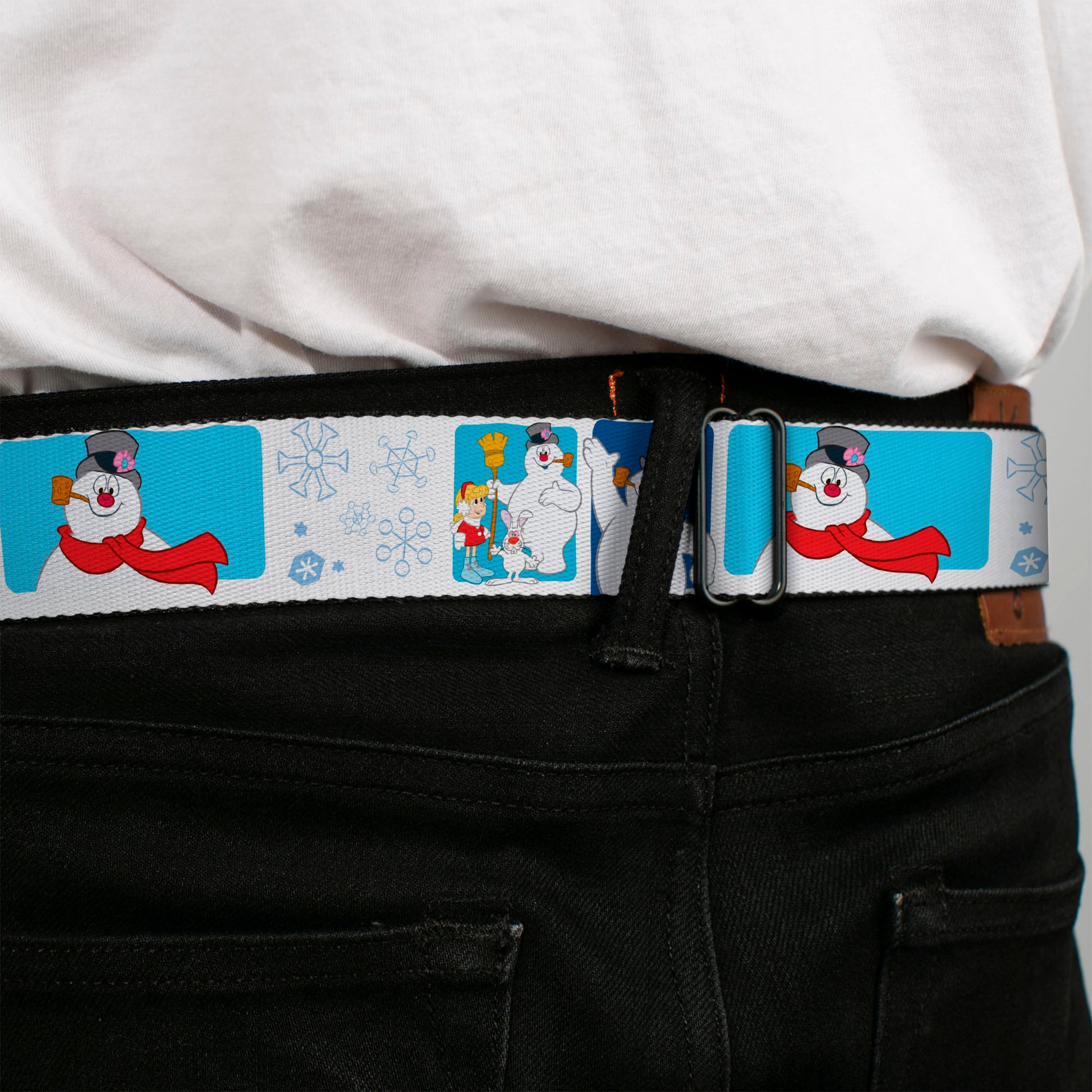 FROSTY THE SNOWMAN Logo Full Color White/Blues Seatbelt Belt - Frosty the Snowman Pose Blocks and Snowflakes White/Blue Webbing Seatbelt Belts Frosty the Snowman