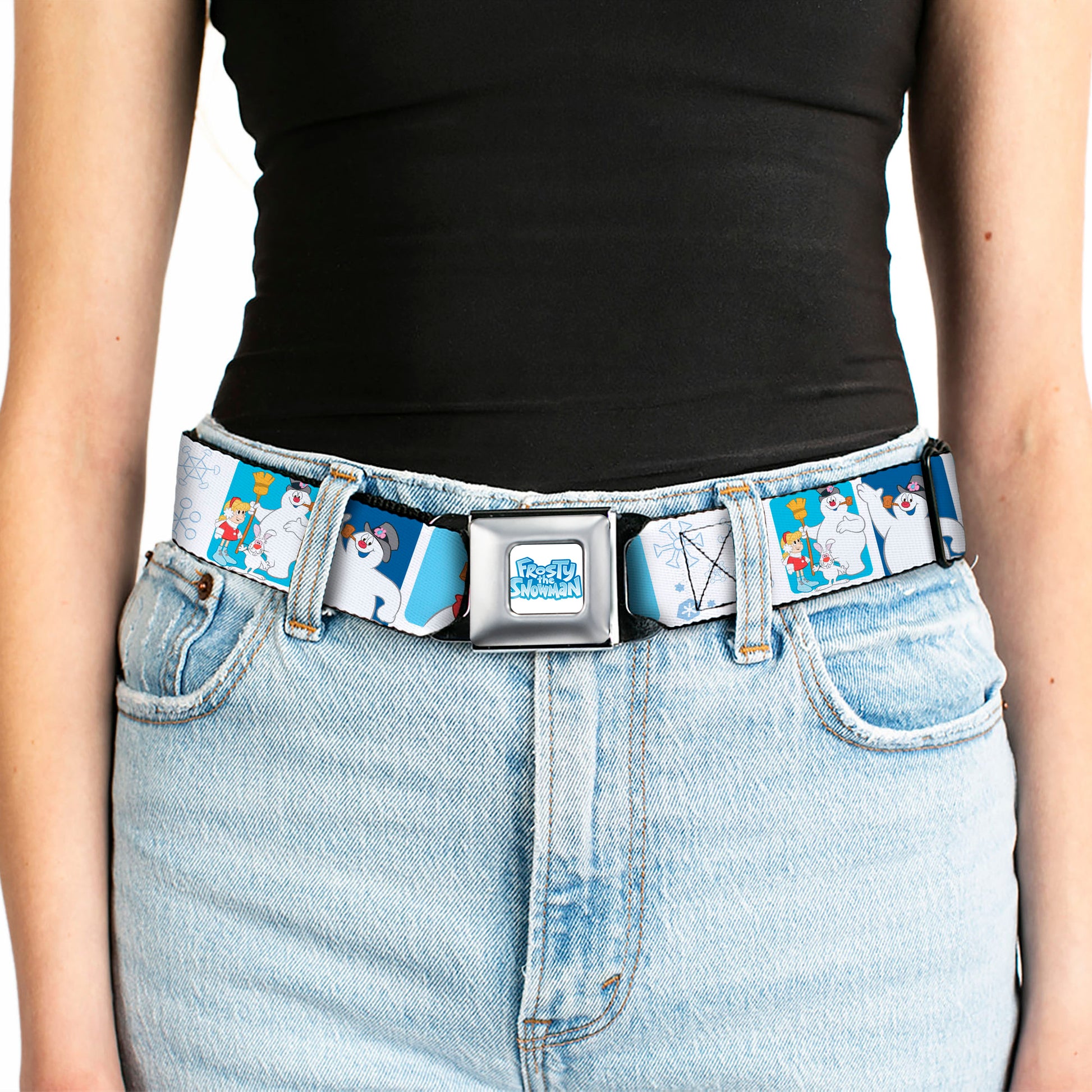 FROSTY THE SNOWMAN Logo Full Color White/Blues Seatbelt Belt - Frosty the Snowman Pose Blocks and Snowflakes White/Blue Webbing Seatbelt Belts Frosty the Snowman