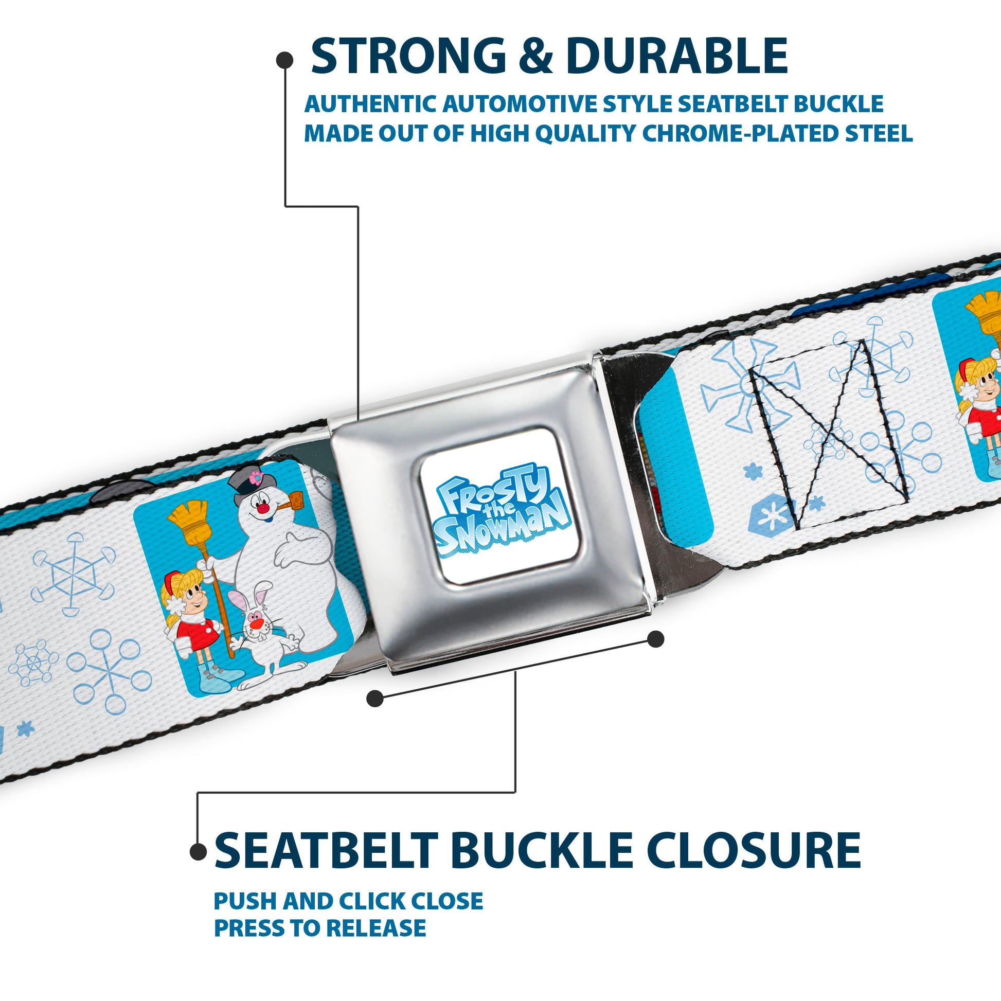 FROSTY THE SNOWMAN Logo Full Color White/Blues Seatbelt Belt - Frosty the Snowman Pose Blocks and Snowflakes White/Blue Webbing Seatbelt Belts Frosty the Snowman