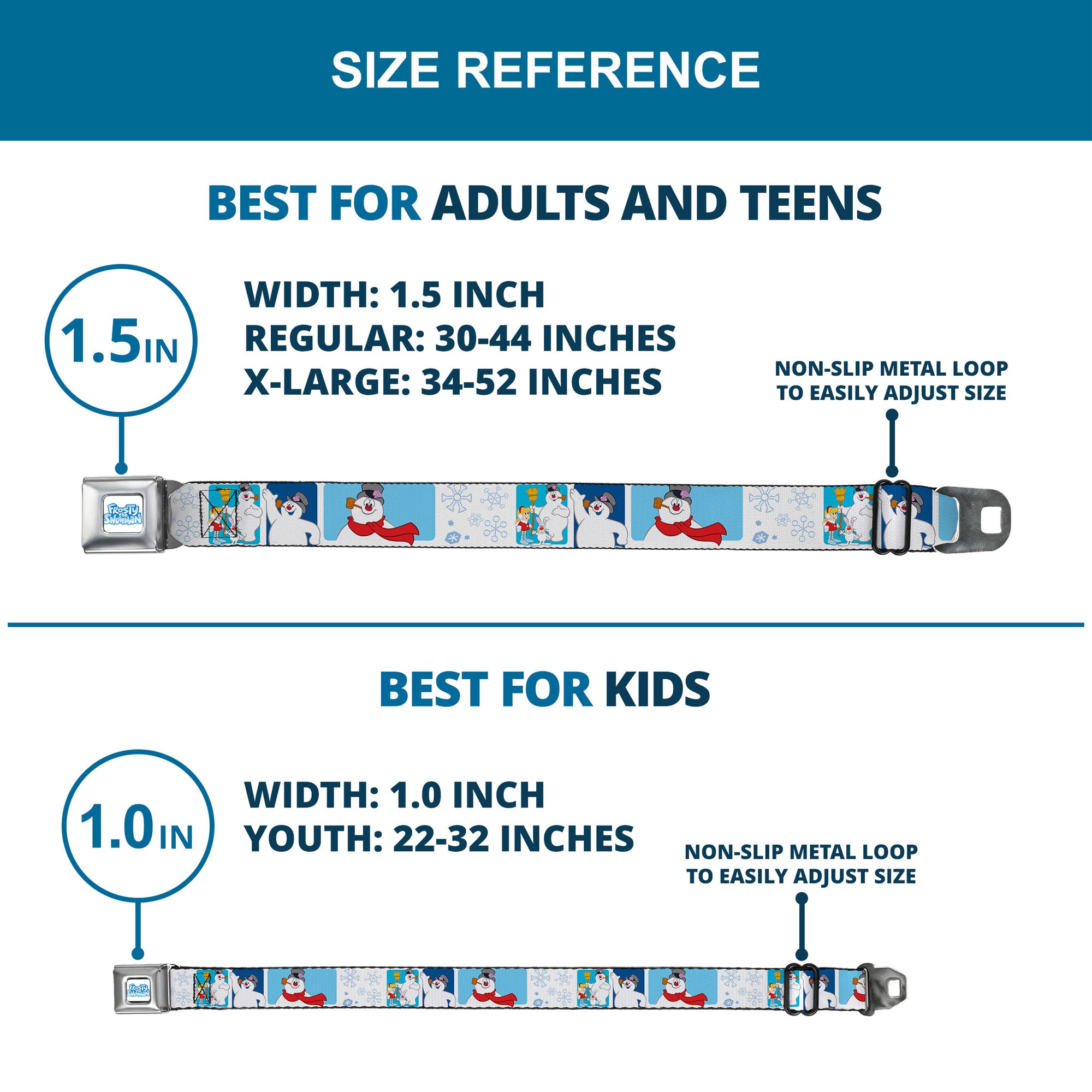 FROSTY THE SNOWMAN Logo Full Color White/Blues Seatbelt Belt - Frosty the Snowman Pose Blocks and Snowflakes White/Blue Webbing Seatbelt Belts Frosty the Snowman