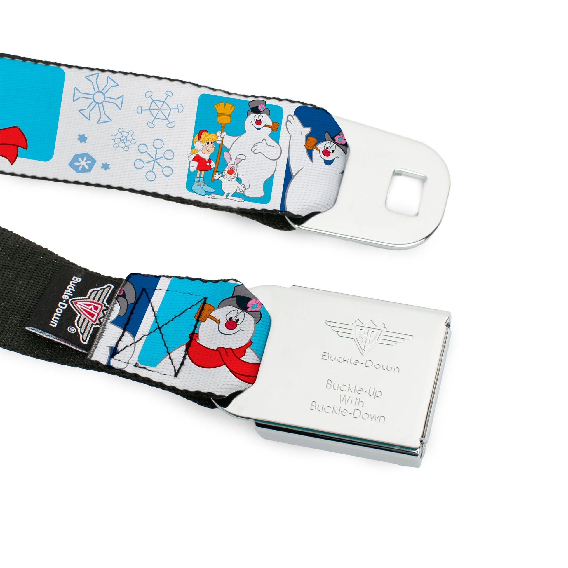 FROSTY THE SNOWMAN Logo Full Color White/Blues Seatbelt Belt - Frosty the Snowman Pose Blocks and Snowflakes White/Blue Webbing Seatbelt Belts Frosty the Snowman