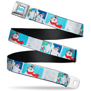 FROSTY THE SNOWMAN Logo Full Color White/Blues Seatbelt Belt - Frosty the Snowman Pose Blocks and Snowflakes White/Blue Webbing Seatbelt Belts Frosty the Snowman