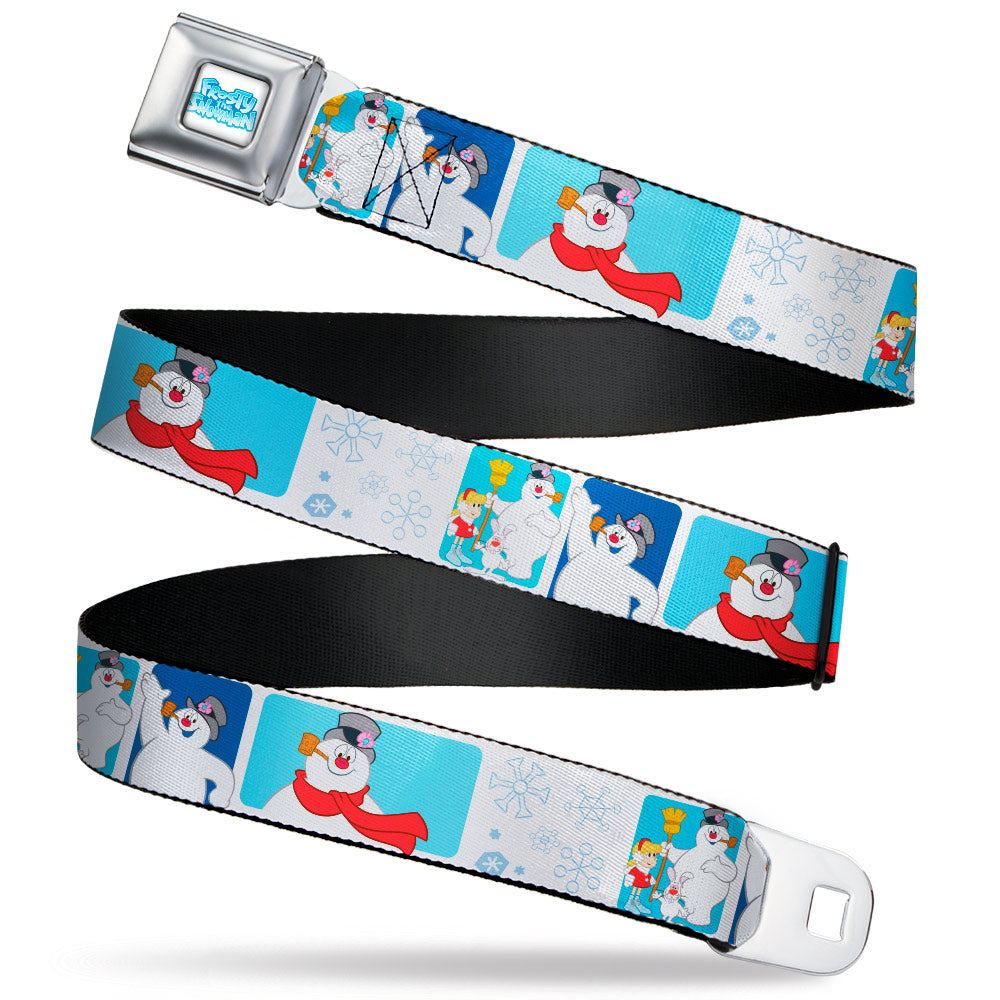 FROSTY THE SNOWMAN Logo Full Color White/Blues Seatbelt Belt - Frosty the Snowman Pose Blocks and Snowflakes White/Blue Webbing Seatbelt Belts Frosty the Snowman