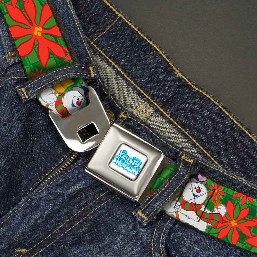 FROSTY THE SNOWMAN Logo Full Color White/Blues Seatbelt Belt - Frosty the Snowman Pose Poinsettia Plaid Collage Greens/Reds Webbing Seatbelt Belts Frosty the Snowman