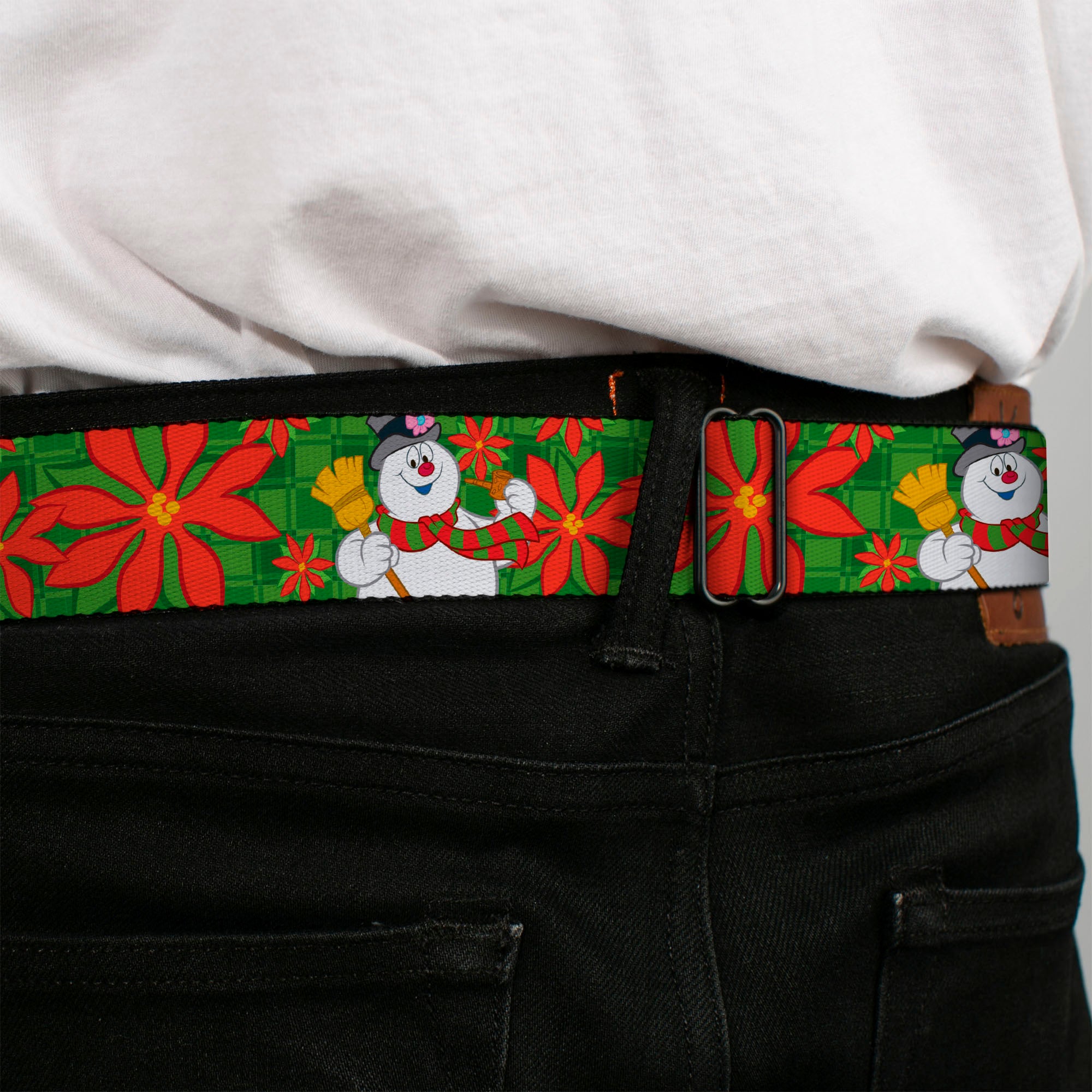 FROSTY THE SNOWMAN Logo Full Color White/Blues Seatbelt Belt - Frosty the Snowman Pose Poinsettia Plaid Collage Greens/Reds Webbing Seatbelt Belts Frosty the Snowman