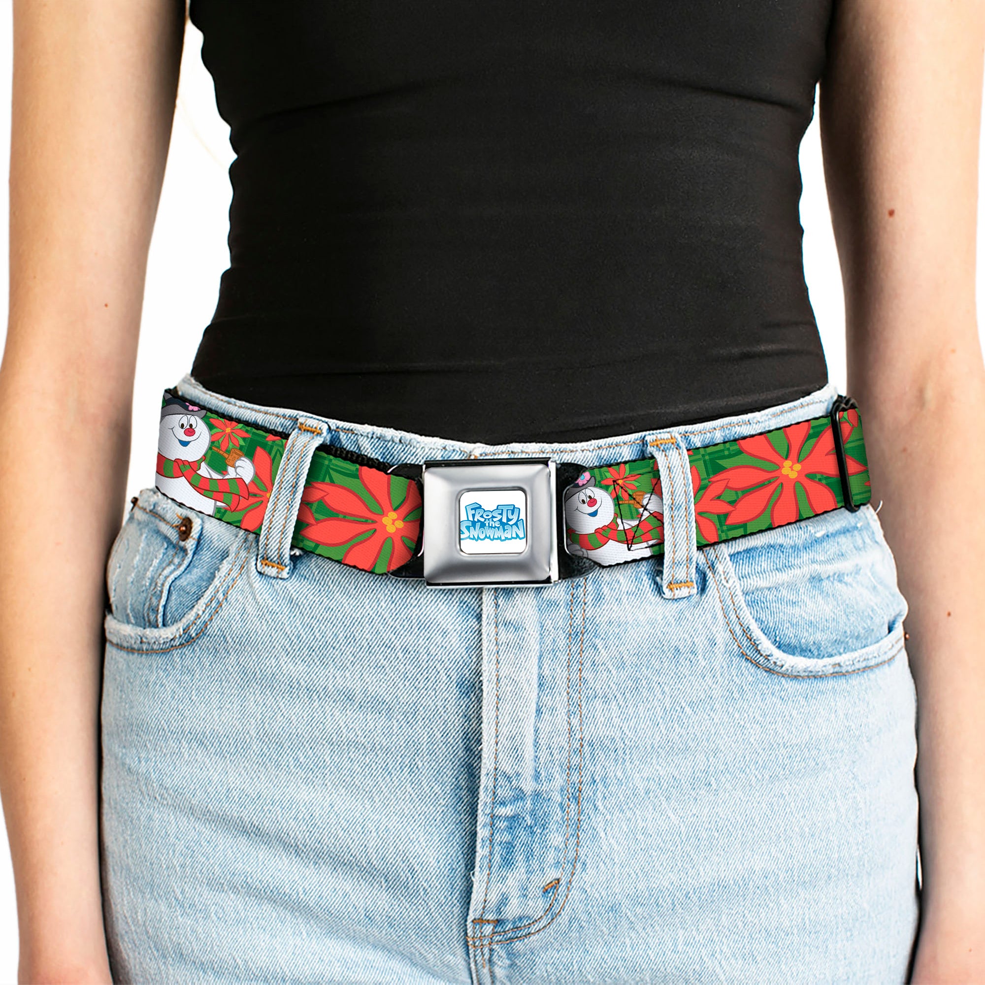 FROSTY THE SNOWMAN Logo Full Color White/Blues Seatbelt Belt - Frosty the Snowman Pose Poinsettia Plaid Collage Greens/Reds Webbing Seatbelt Belts Frosty the Snowman