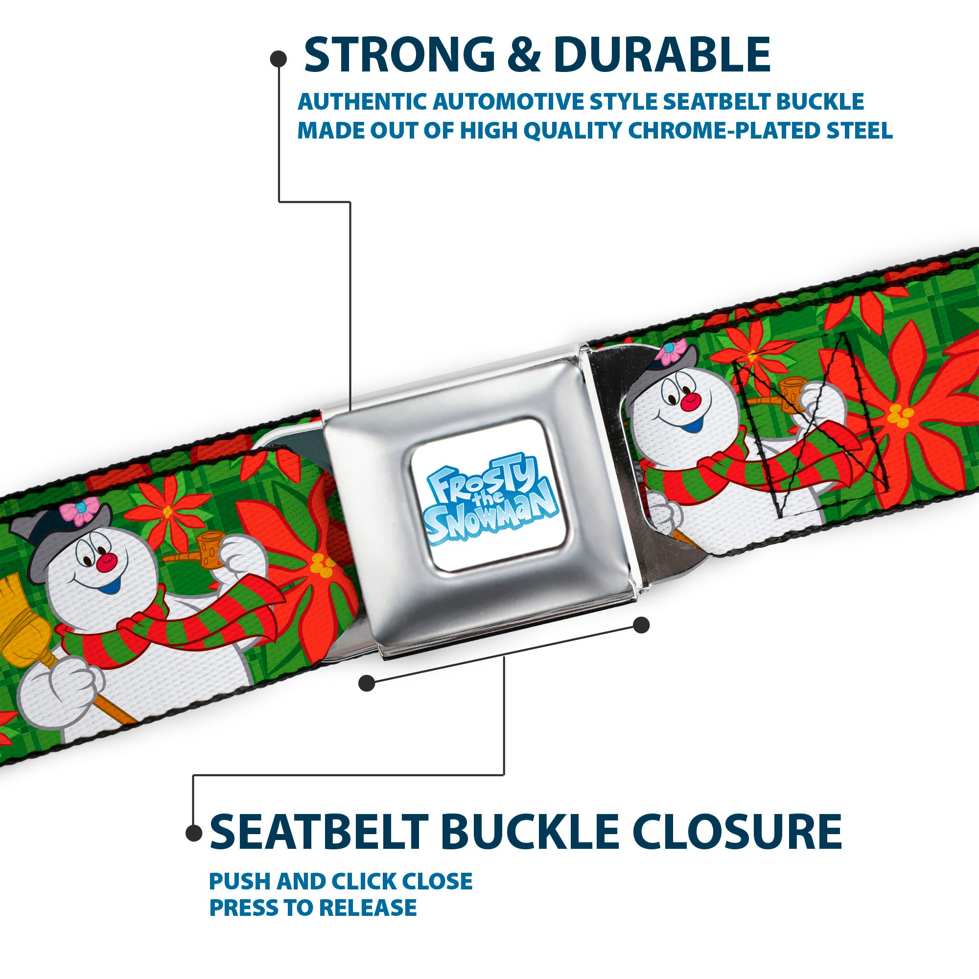 FROSTY THE SNOWMAN Logo Full Color White/Blues Seatbelt Belt - Frosty the Snowman Pose Poinsettia Plaid Collage Greens/Reds Webbing Seatbelt Belts Frosty the Snowman