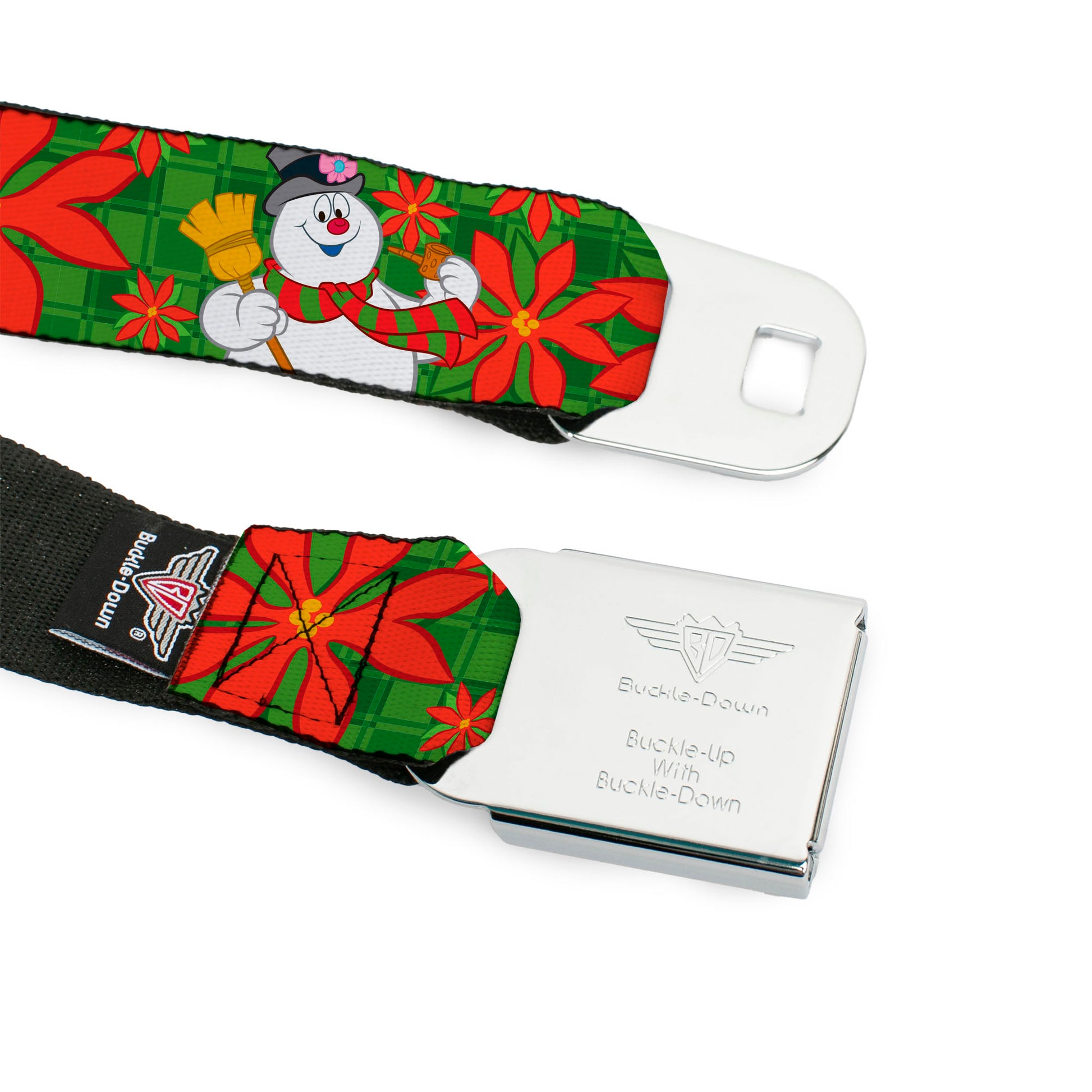 FROSTY THE SNOWMAN Logo Full Color White/Blues Seatbelt Belt - Frosty the Snowman Pose Poinsettia Plaid Collage Greens/Reds Webbing Seatbelt Belts Frosty the Snowman
