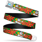 FROSTY THE SNOWMAN Logo Full Color White/Blues Seatbelt Belt - Frosty the Snowman Pose Poinsettia Plaid Collage Greens/Reds Webbing Seatbelt Belts Frosty the Snowman