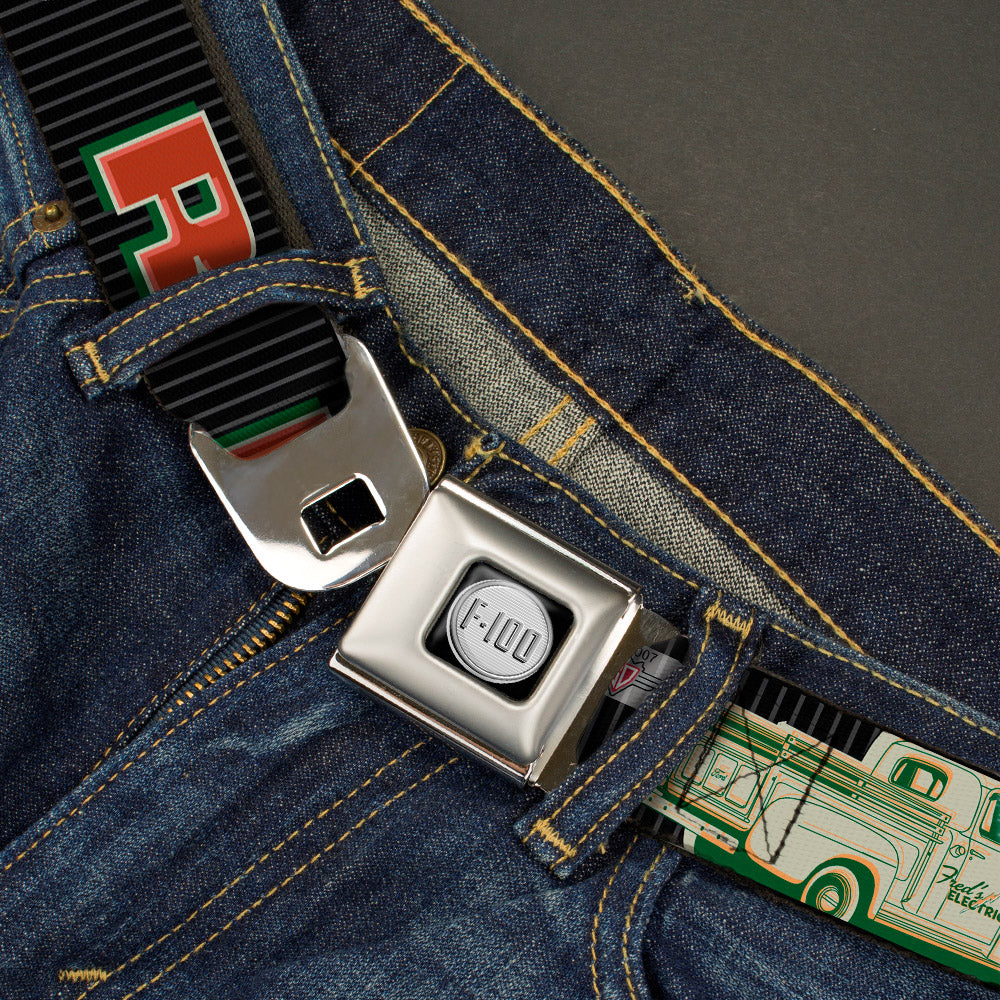 Ford F-100 Logo Full Color Black Grays Seatbelt Belt - FORD/Classic Ford Trucks Vertical Stripe Black/Grays/Green/Red Webbing Seatbelt Belts Ford