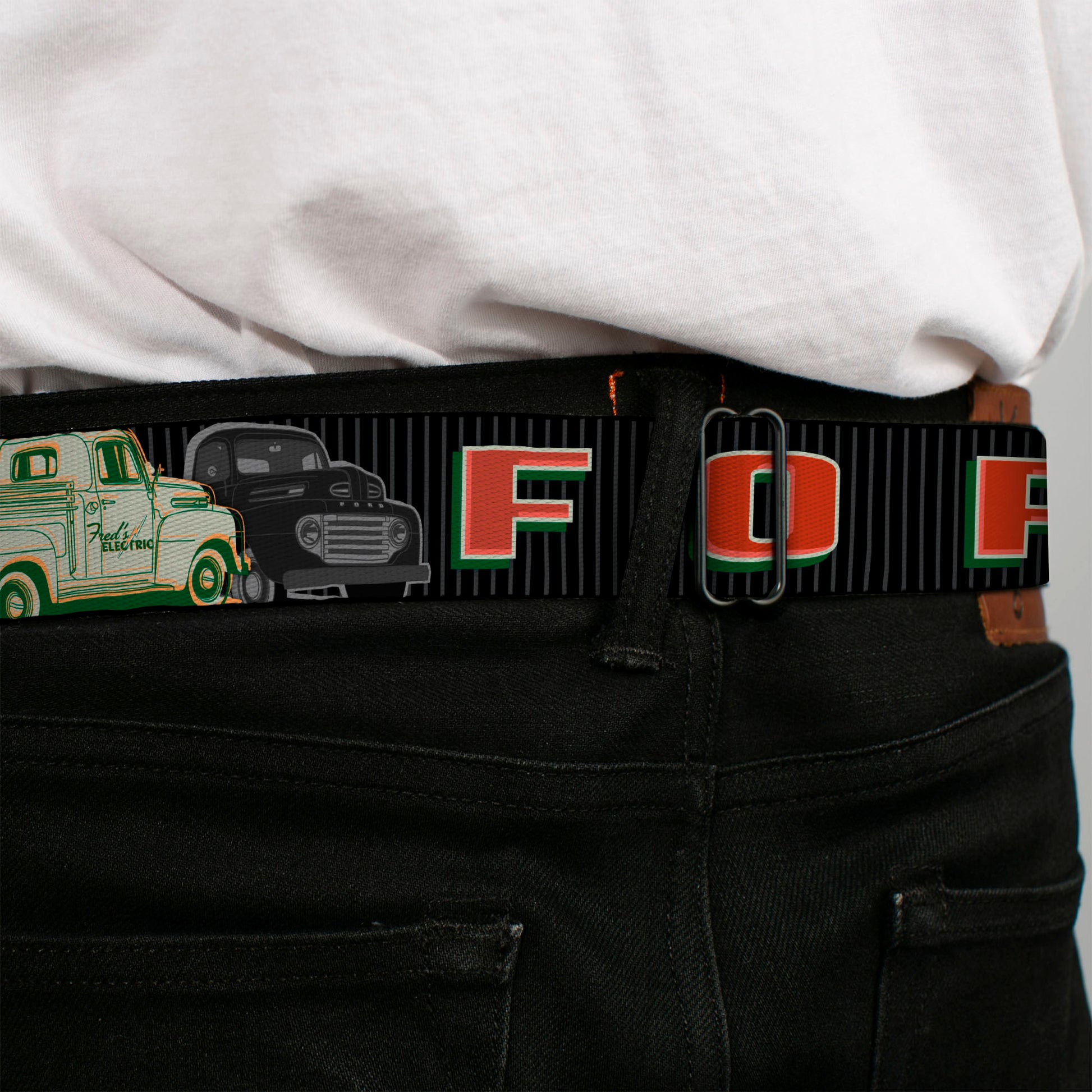 Ford F-100 Logo Full Color Black Grays Seatbelt Belt - FORD/Classic Ford Trucks Vertical Stripe Black/Grays/Green/Red Webbing Seatbelt Belts Ford