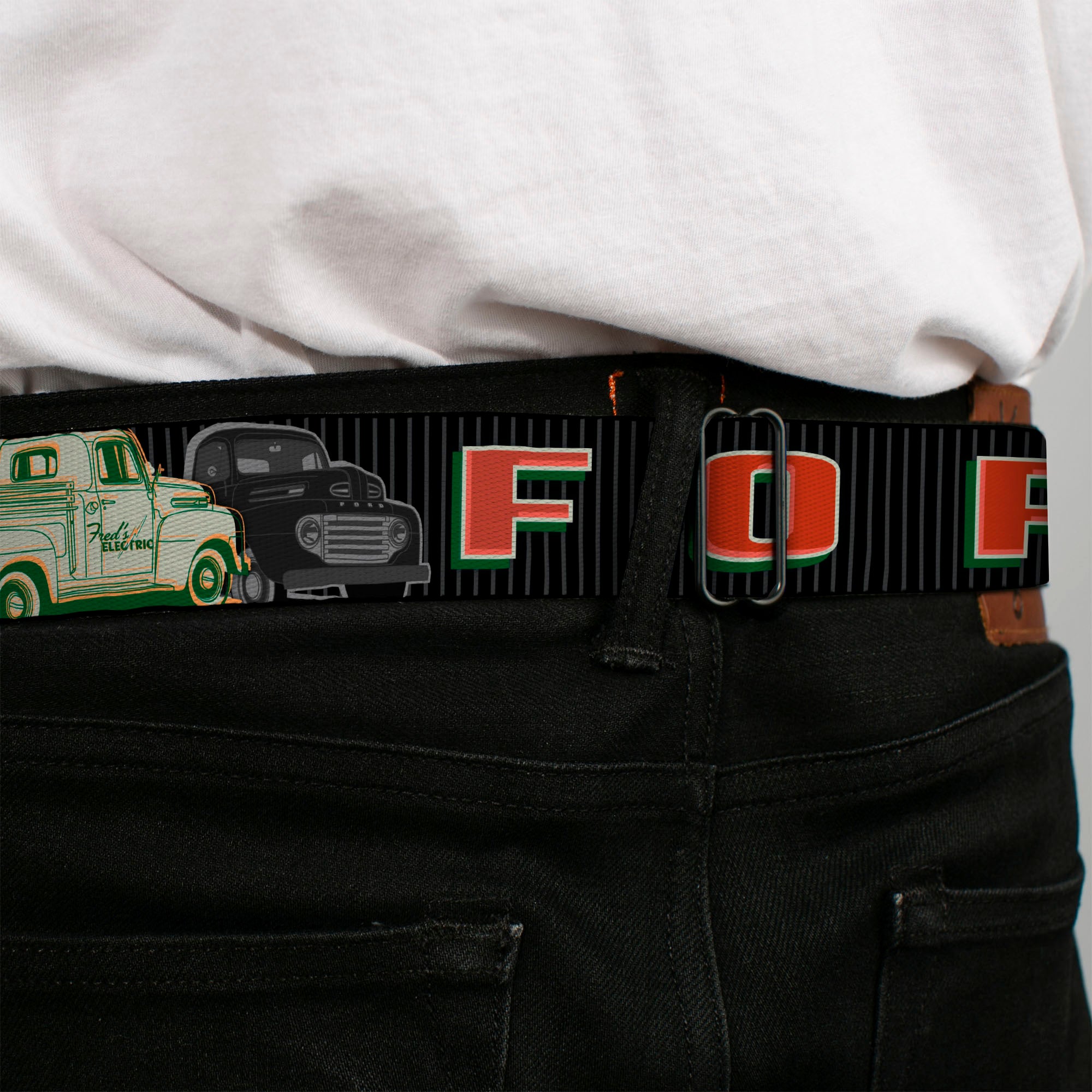 Ford F-100 Logo Full Color Black Grays Seatbelt Belt - FORD/Classic Ford Trucks Vertical Stripe Black/Grays/Green/Red Webbing Seatbelt Belts Ford