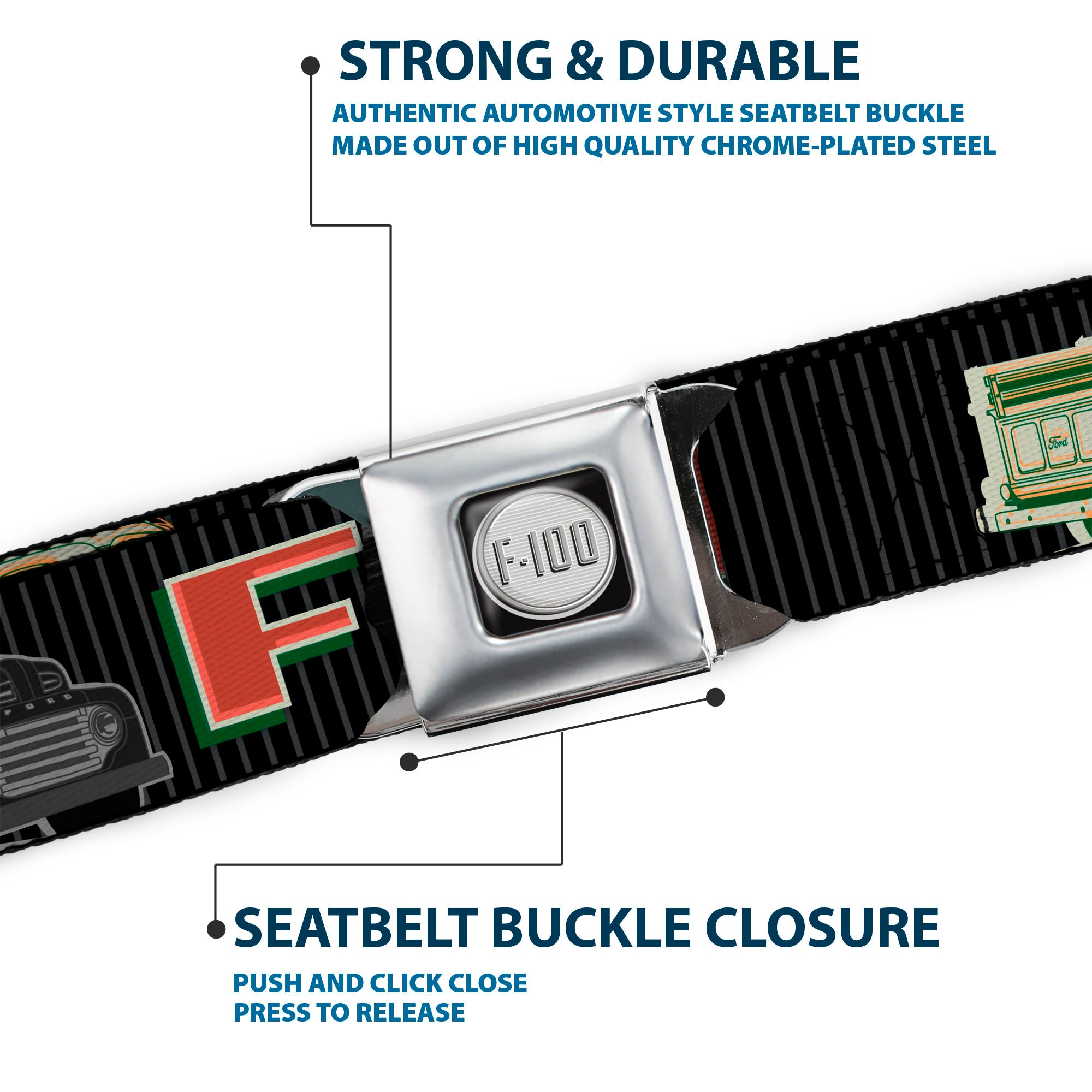 Ford F-100 Logo Full Color Black Grays Seatbelt Belt - FORD/Classic Ford Trucks Vertical Stripe Black/Grays/Green/Red Webbing Seatbelt Belts Ford
