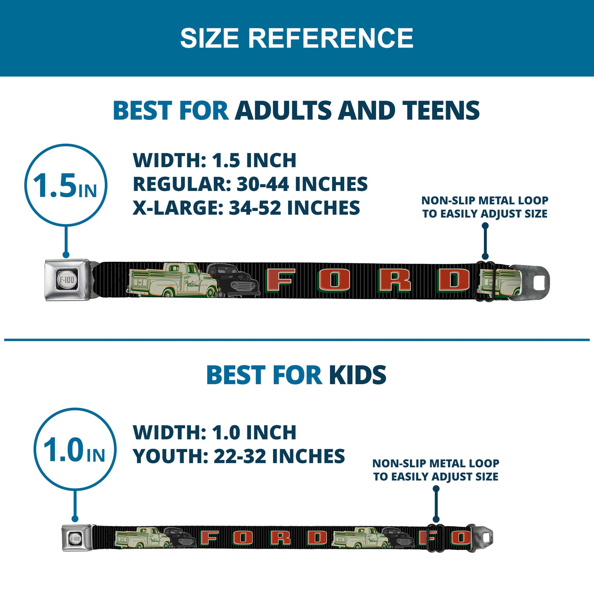 Ford F-100 Logo Full Color Black Grays Seatbelt Belt - FORD/Classic Ford Trucks Vertical Stripe Black/Grays/Green/Red Webbing Seatbelt Belts Ford