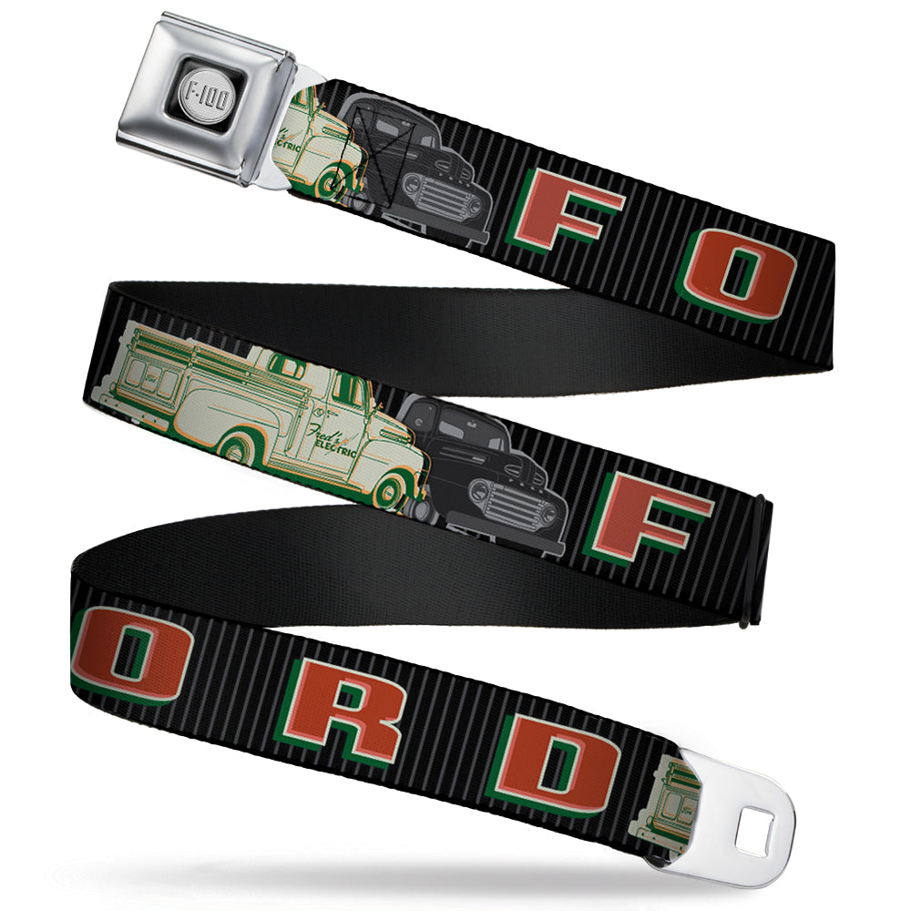 Ford F-100 Logo Full Color Black Grays Seatbelt Belt - FORD/Classic Ford Trucks Vertical Stripe Black/Grays/Green/Red Webbing Seatbelt Belts Ford