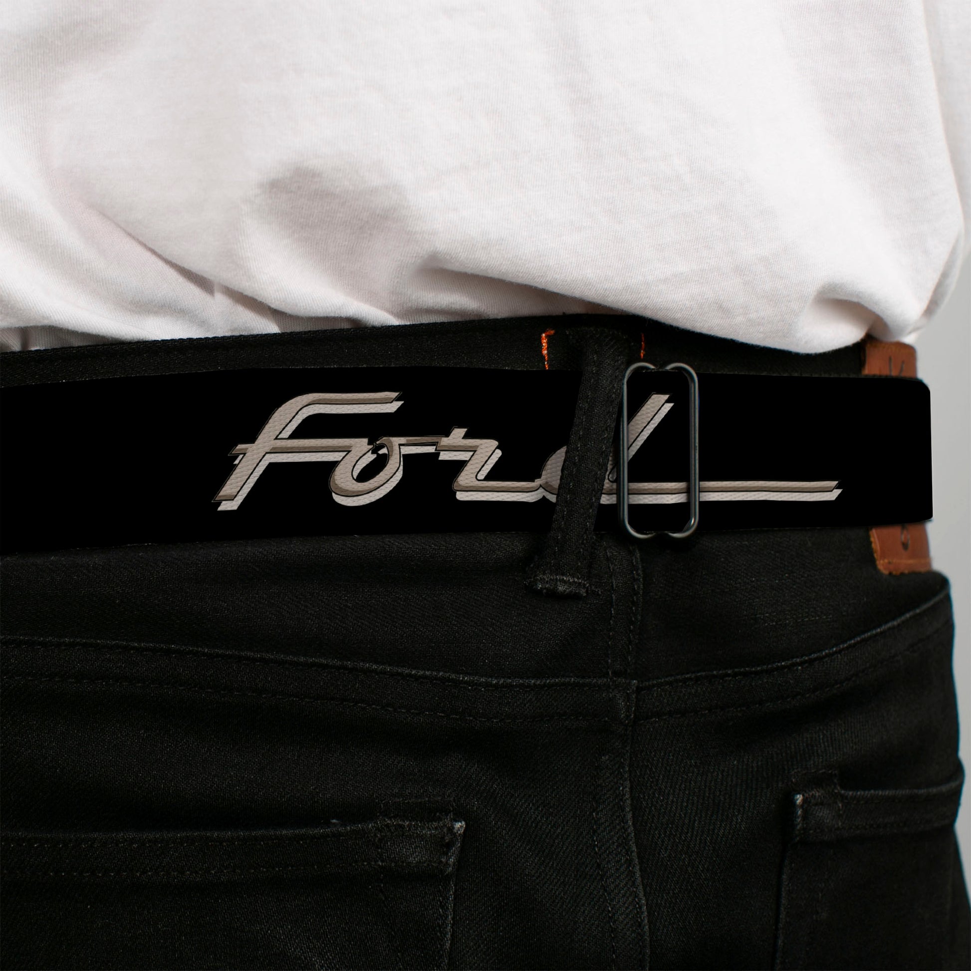 Ford F-100 Logo Full Color Black Tans Seatbelt Belt - FORD F-100 Script Black/Tan-Gray Webbing Seatbelt Belts Ford