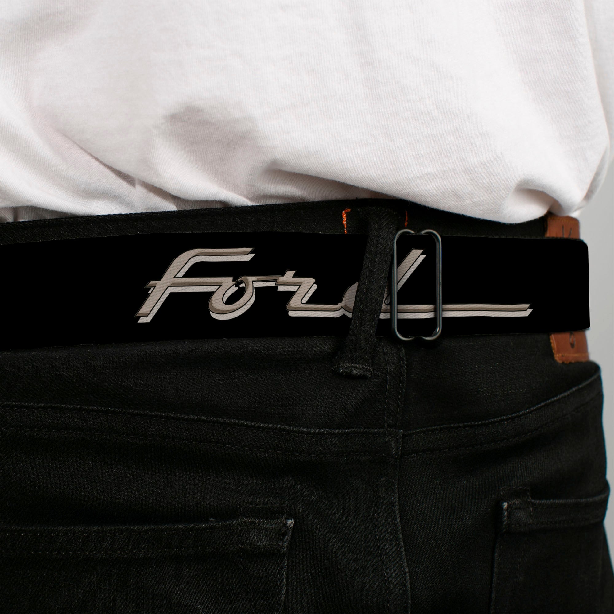 Ford F-100 Logo Full Color Black Tans Seatbelt Belt - FORD F-100 Script Black/Tan-Gray Webbing Seatbelt Belts Ford