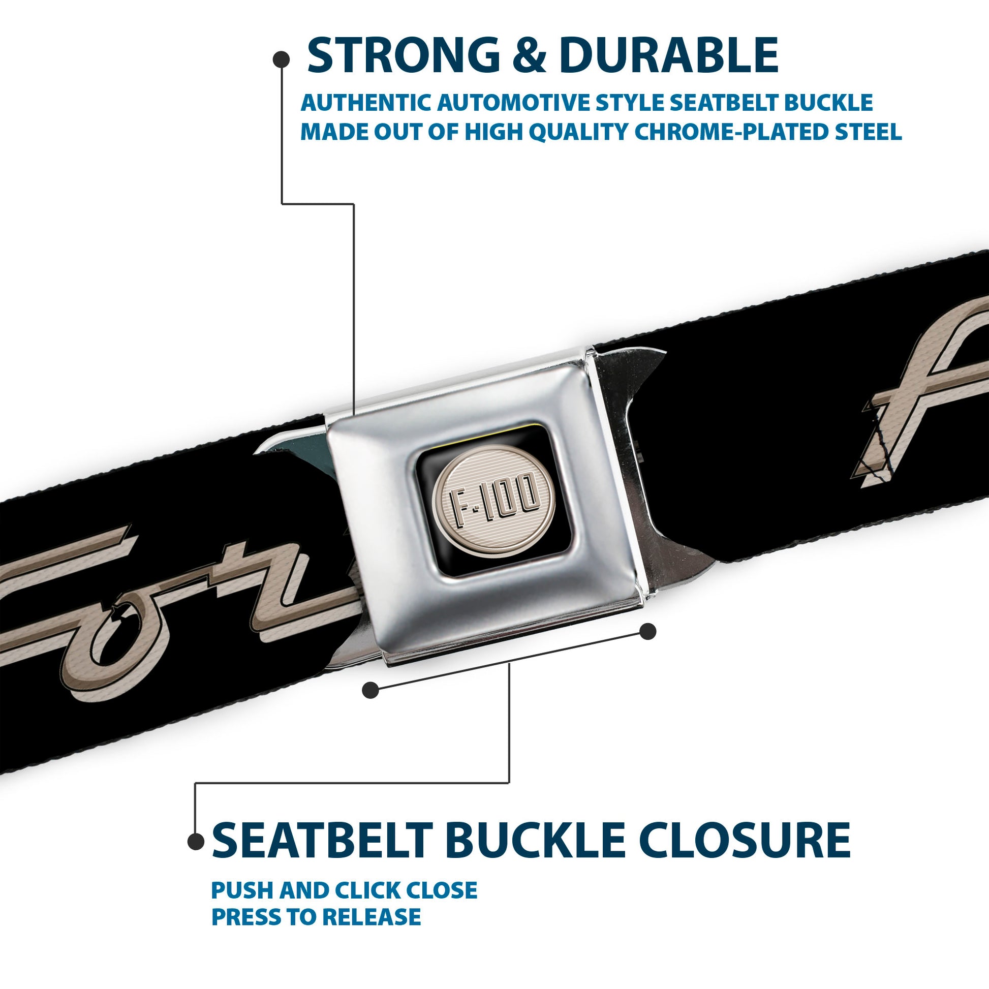 Ford F-100 Logo Full Color Black Tans Seatbelt Belt - FORD F-100 Script Black/Tan-Gray Webbing Seatbelt Belts Ford