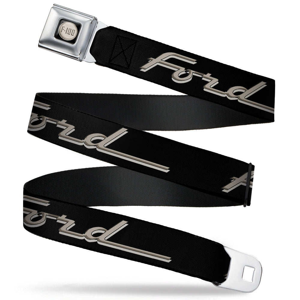 Ford F-100 Logo Full Color Black Tans Seatbelt Belt - FORD F-100 Script Black/Tan-Gray Webbing Seatbelt Belts Ford