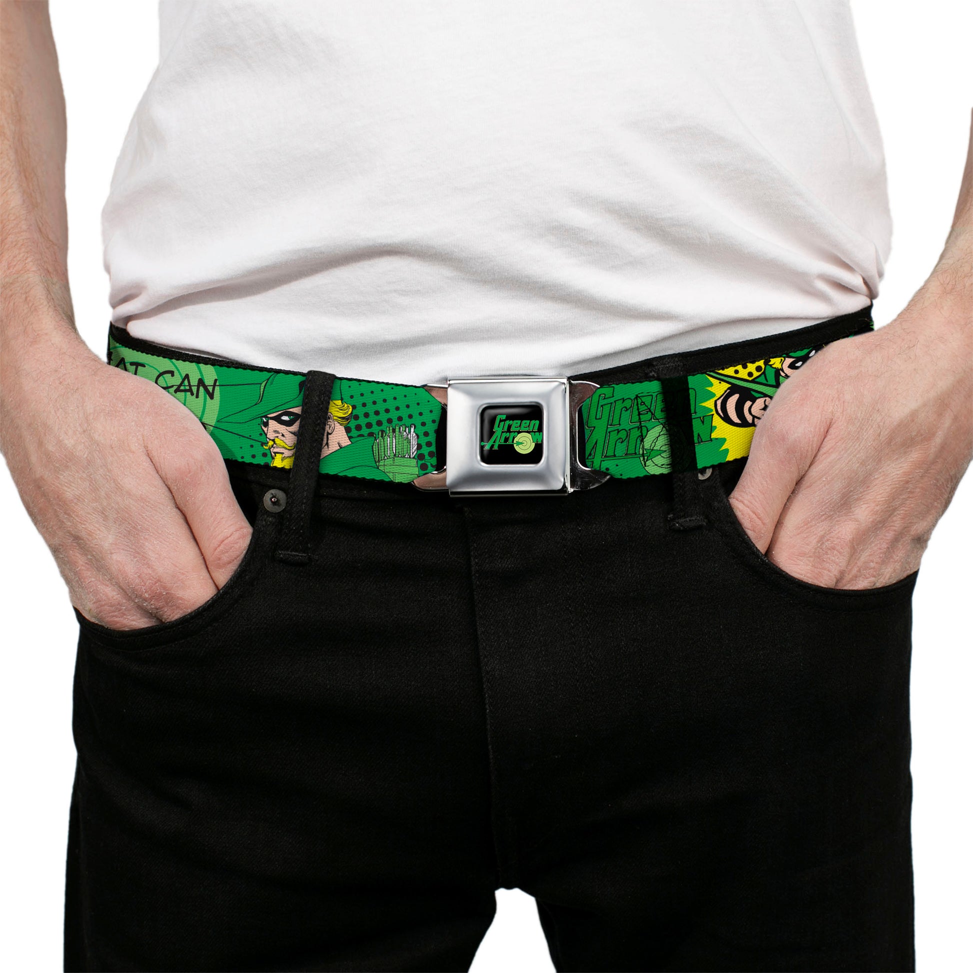 GREEN ARROW Logo Full Color Black Green Seatbelt Belt - GREEN ARROW Poses WHAT CAN ONE MAN DO? Greens/Black Webbing Seatbelt Belts DC Comics