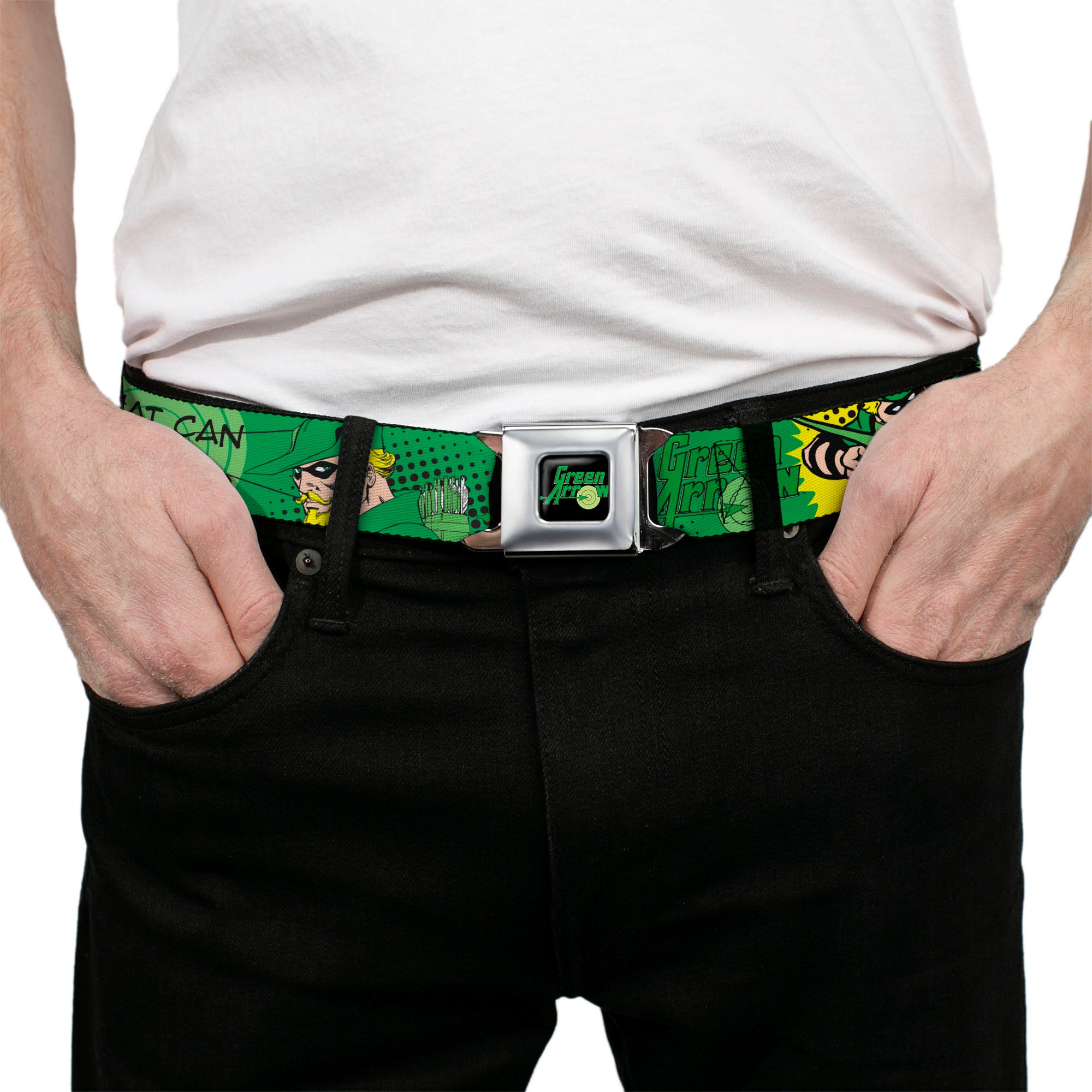GREEN ARROW Logo Full Color Black Green Seatbelt Belt - GREEN ARROW Poses WHAT CAN ONE MAN DO? Greens/Black Webbing Seatbelt Belts DC Comics