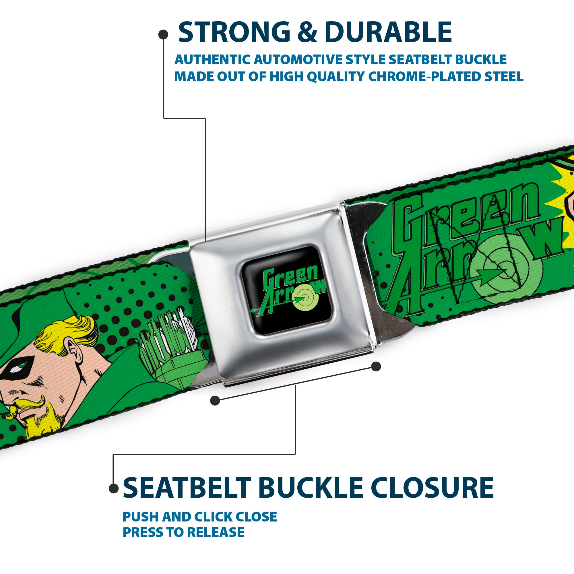 GREEN ARROW Logo Full Color Black Green Seatbelt Belt - GREEN ARROW Poses WHAT CAN ONE MAN DO? Greens/Black Webbing Seatbelt Belts DC Comics