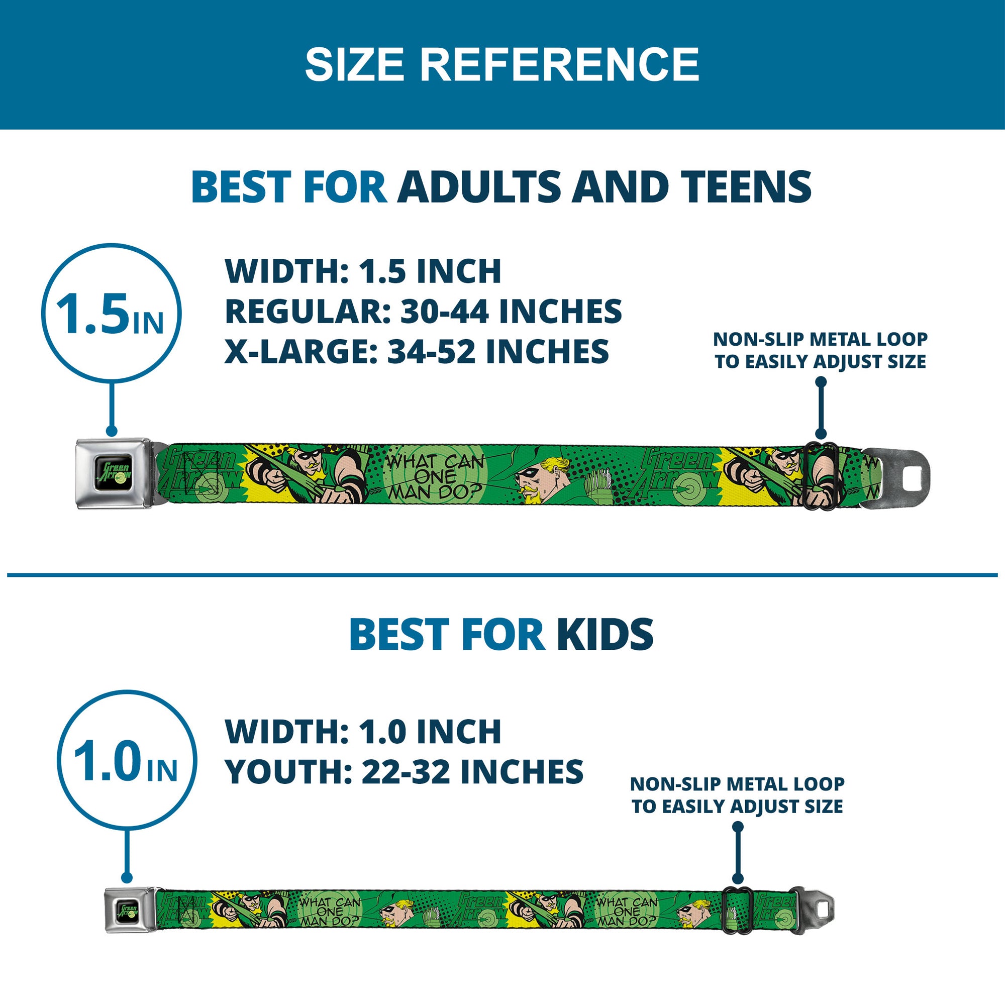 GREEN ARROW Logo Full Color Black Green Seatbelt Belt - GREEN ARROW Poses WHAT CAN ONE MAN DO? Greens/Black Webbing Seatbelt Belts DC Comics