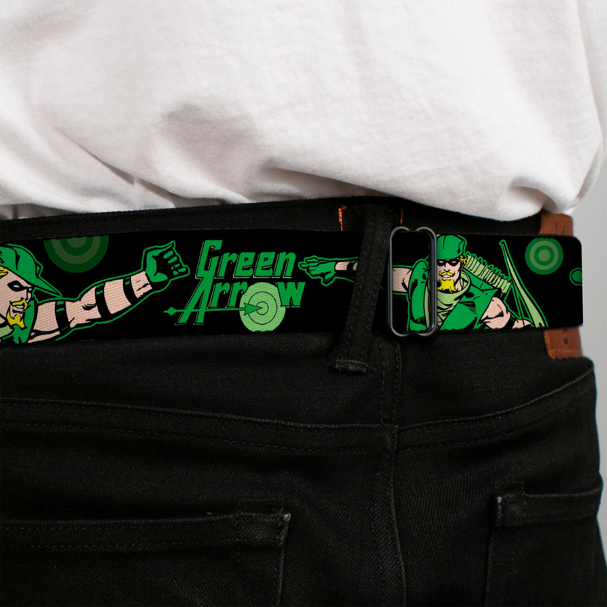 GREEN ARROW Logo Full Color Black Green Seatbelt Belt - GREEN ARROW Action Poses/Targets Black/Greens Webbing Seatbelt Belts DC Comics