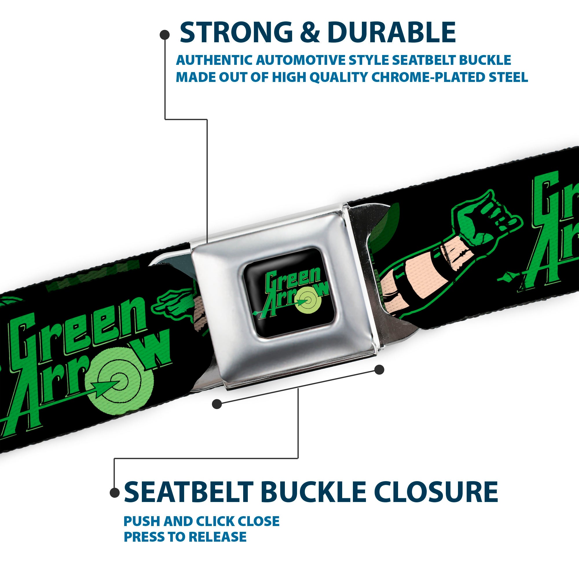 GREEN ARROW Logo Full Color Black Green Seatbelt Belt - GREEN ARROW Action Poses/Targets Black/Greens Webbing Seatbelt Belts DC Comics