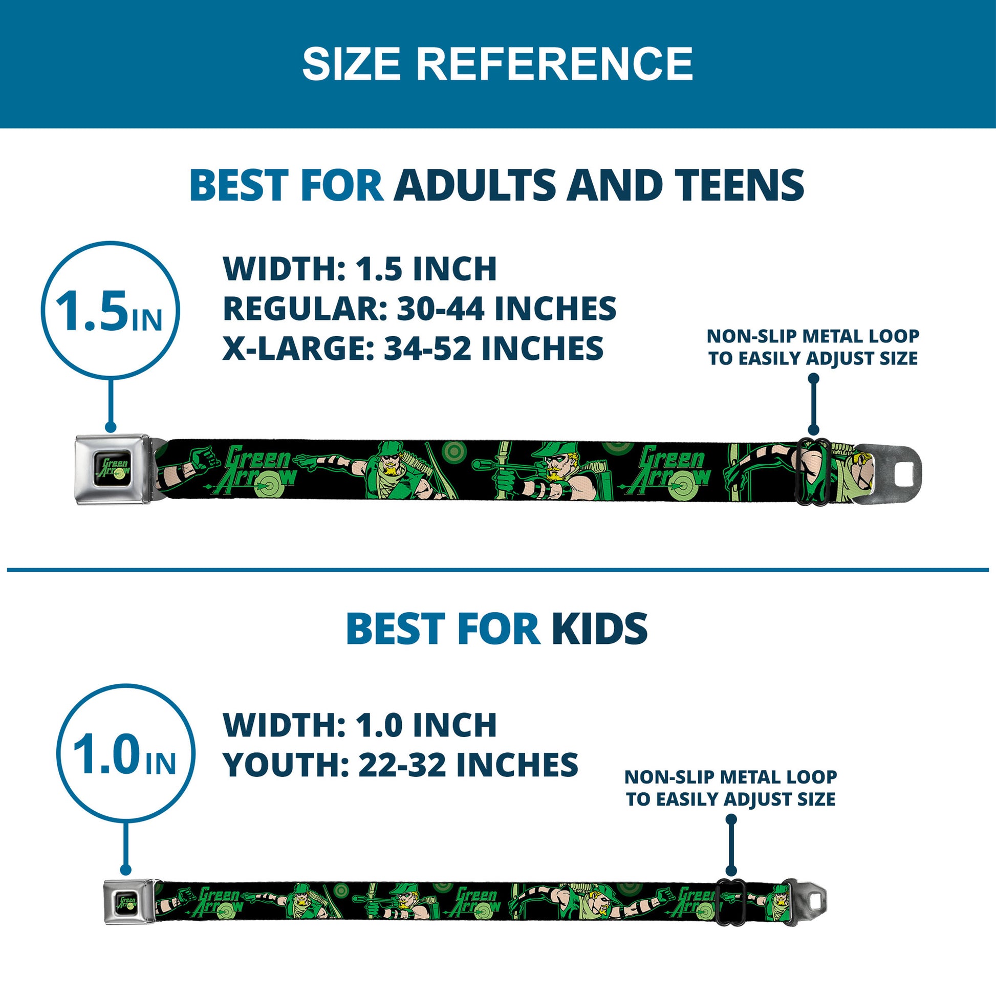 GREEN ARROW Logo Full Color Black Green Seatbelt Belt - GREEN ARROW Action Poses/Targets Black/Greens Webbing Seatbelt Belts DC Comics