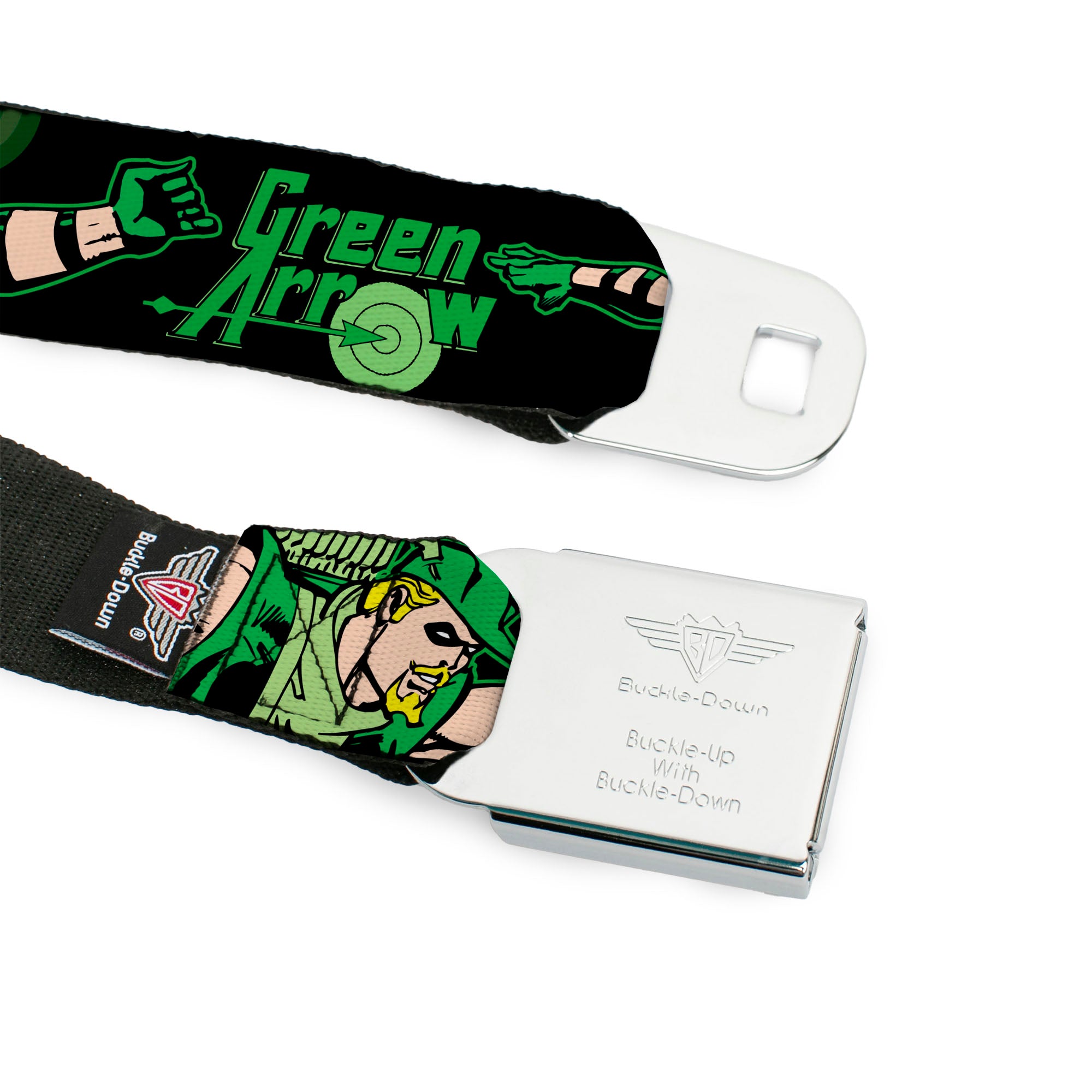 GREEN ARROW Logo Full Color Black Green Seatbelt Belt - GREEN ARROW Action Poses/Targets Black/Greens Webbing Seatbelt Belts DC Comics